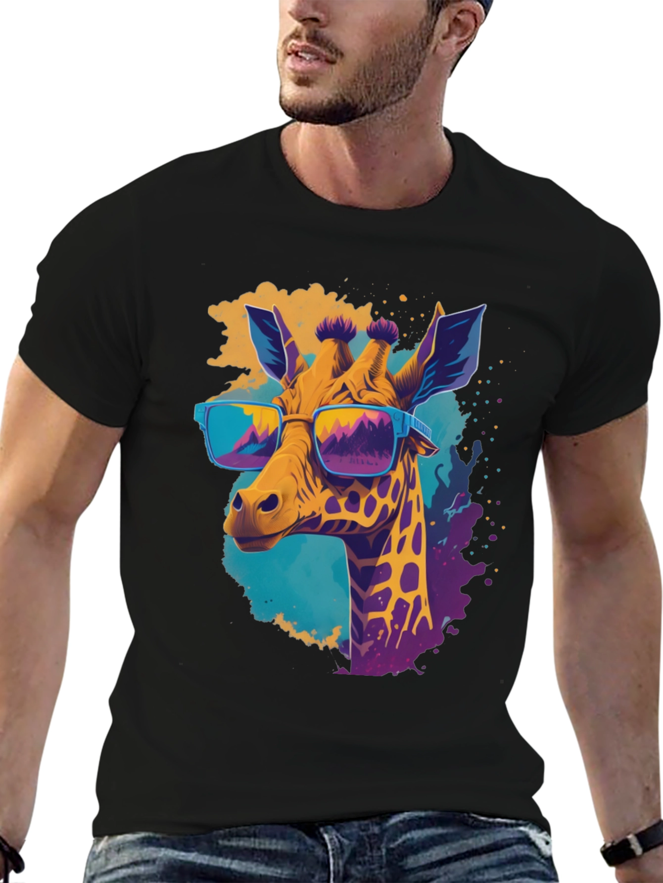 Black Cool Giraffe Graphic Tee - Stylish Men's Black T-Shirt view 6