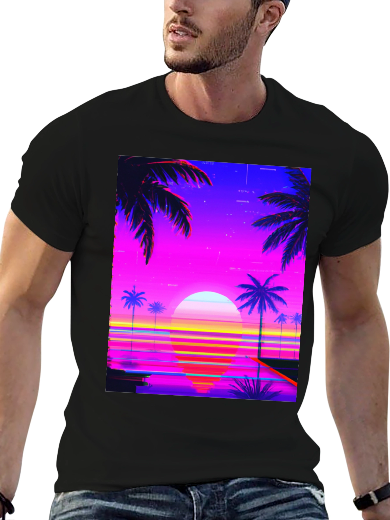 Black Vaporwave Sunset Graphic Tee view 6