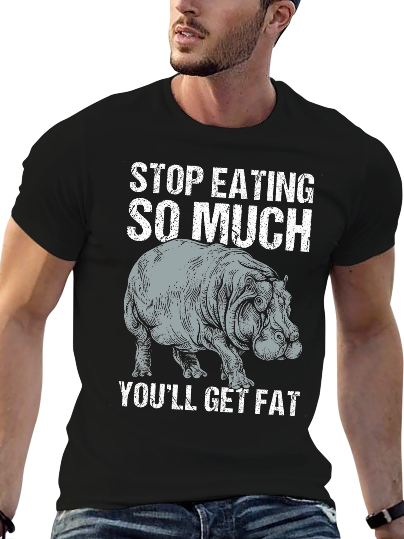 Black Stop Eating So Much Hippo Graphic T-Shirt view 6