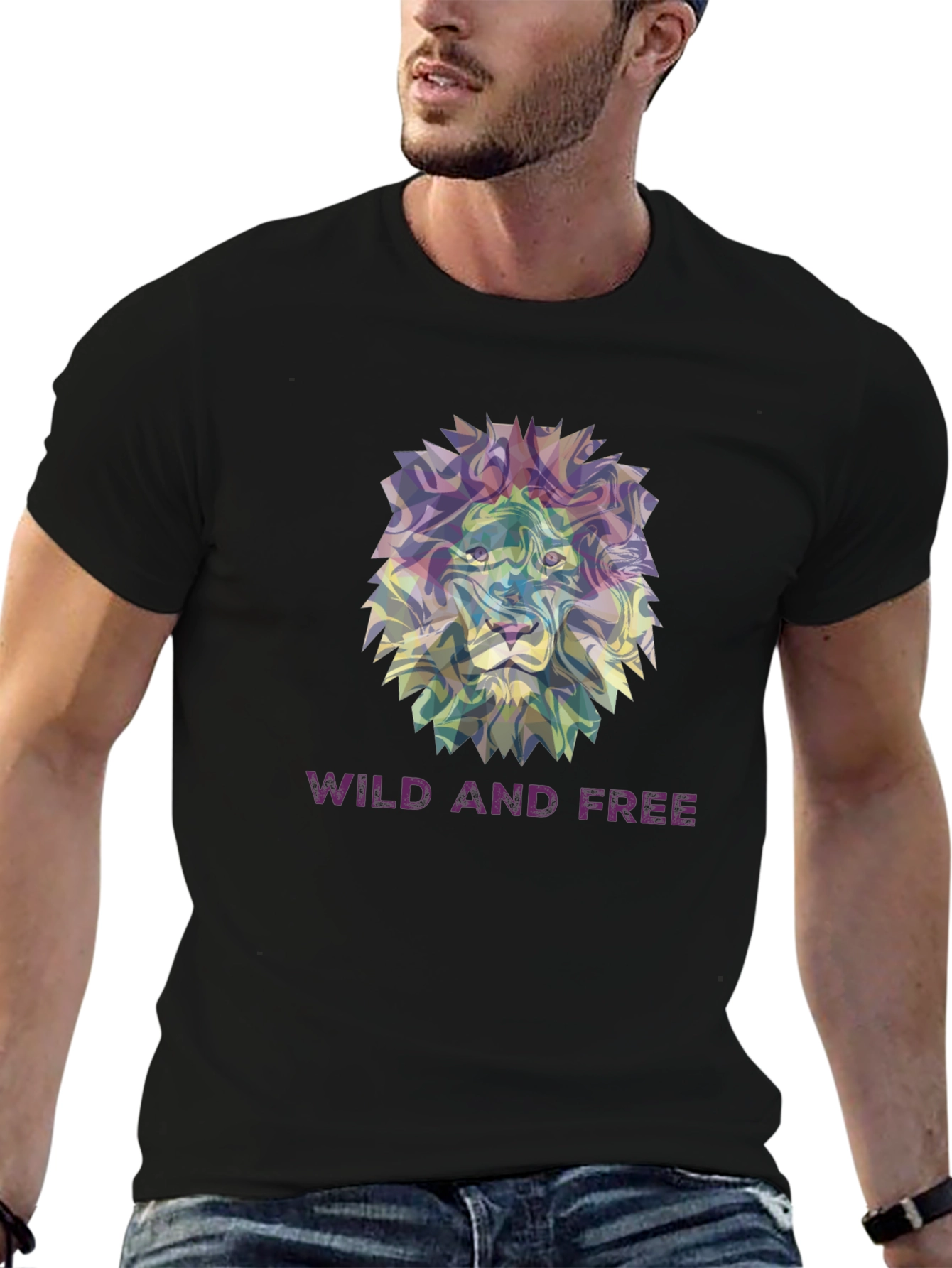 Black Wild and Free Lion Graphic Tee - Black Cotton T-Shirt view 6