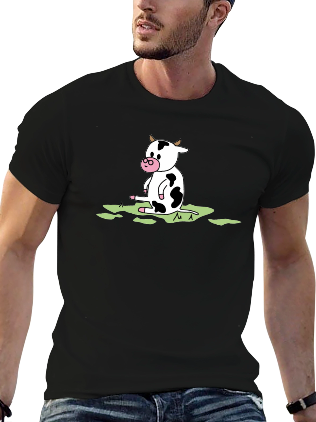 Black Cow Cartoon Graphic Tee - Black Cotton T-Shirt view 6