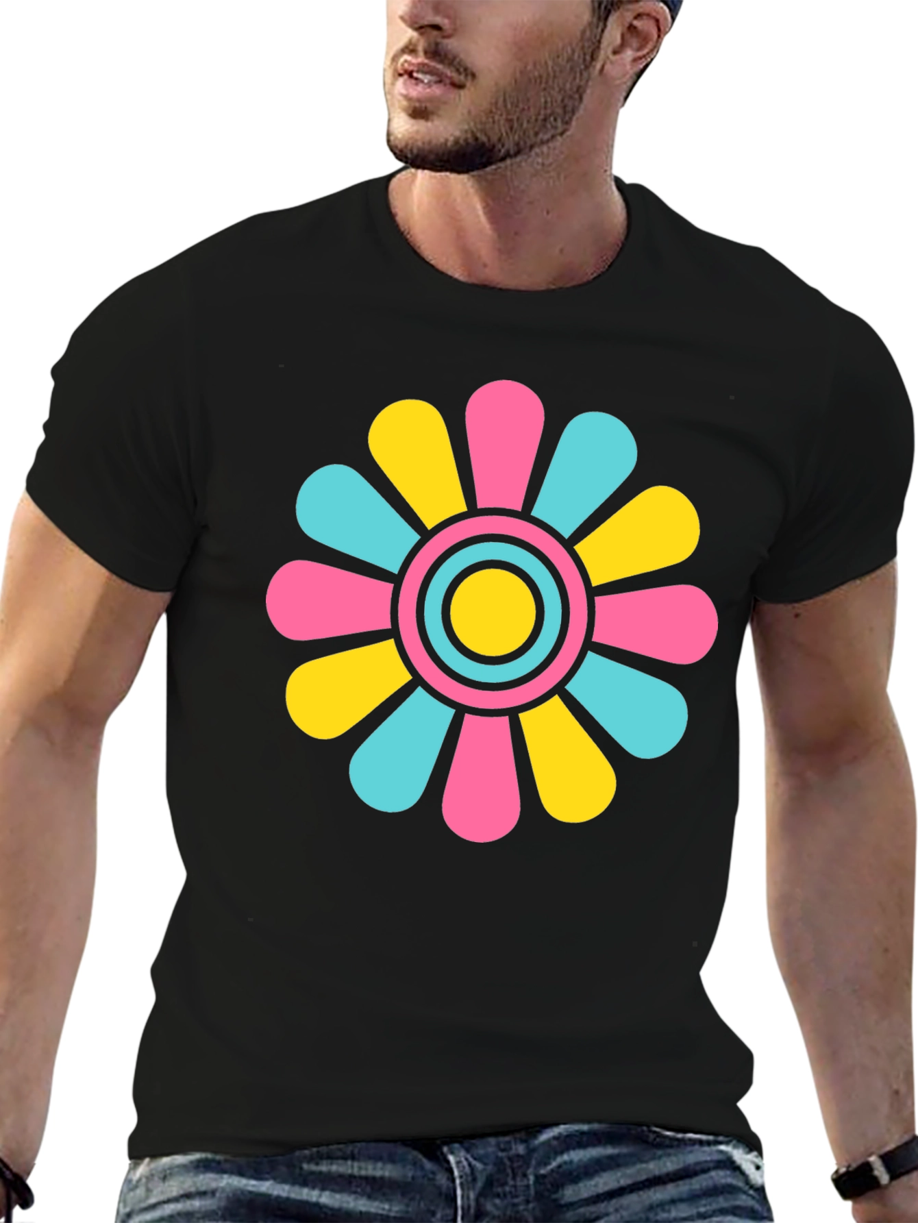 Black Retro Flower Power T-Shirt - Black Cotton Blend view 6