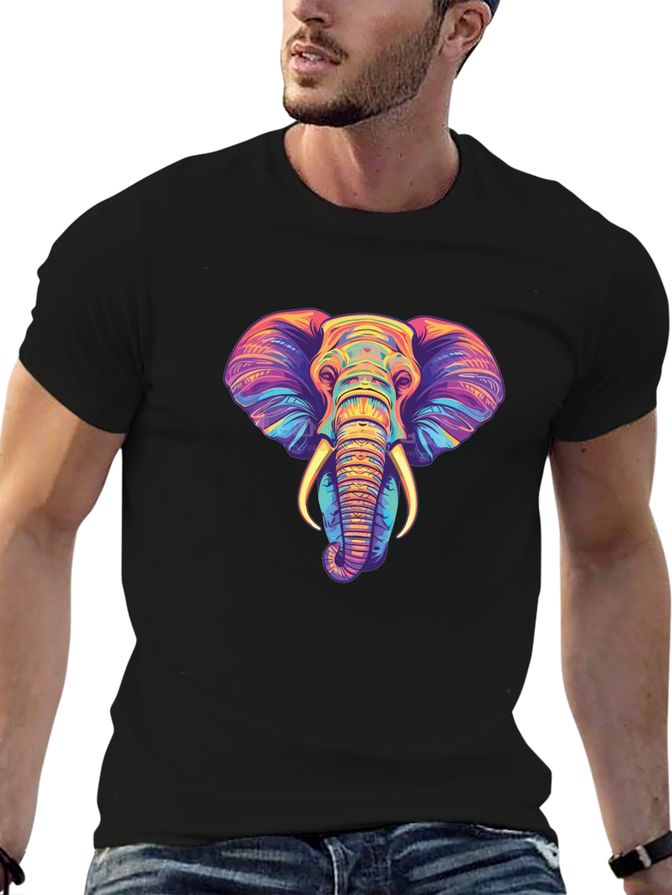 Black Vibrant Elephant Graphic Tee - Unisex Black T-Shirt view 6