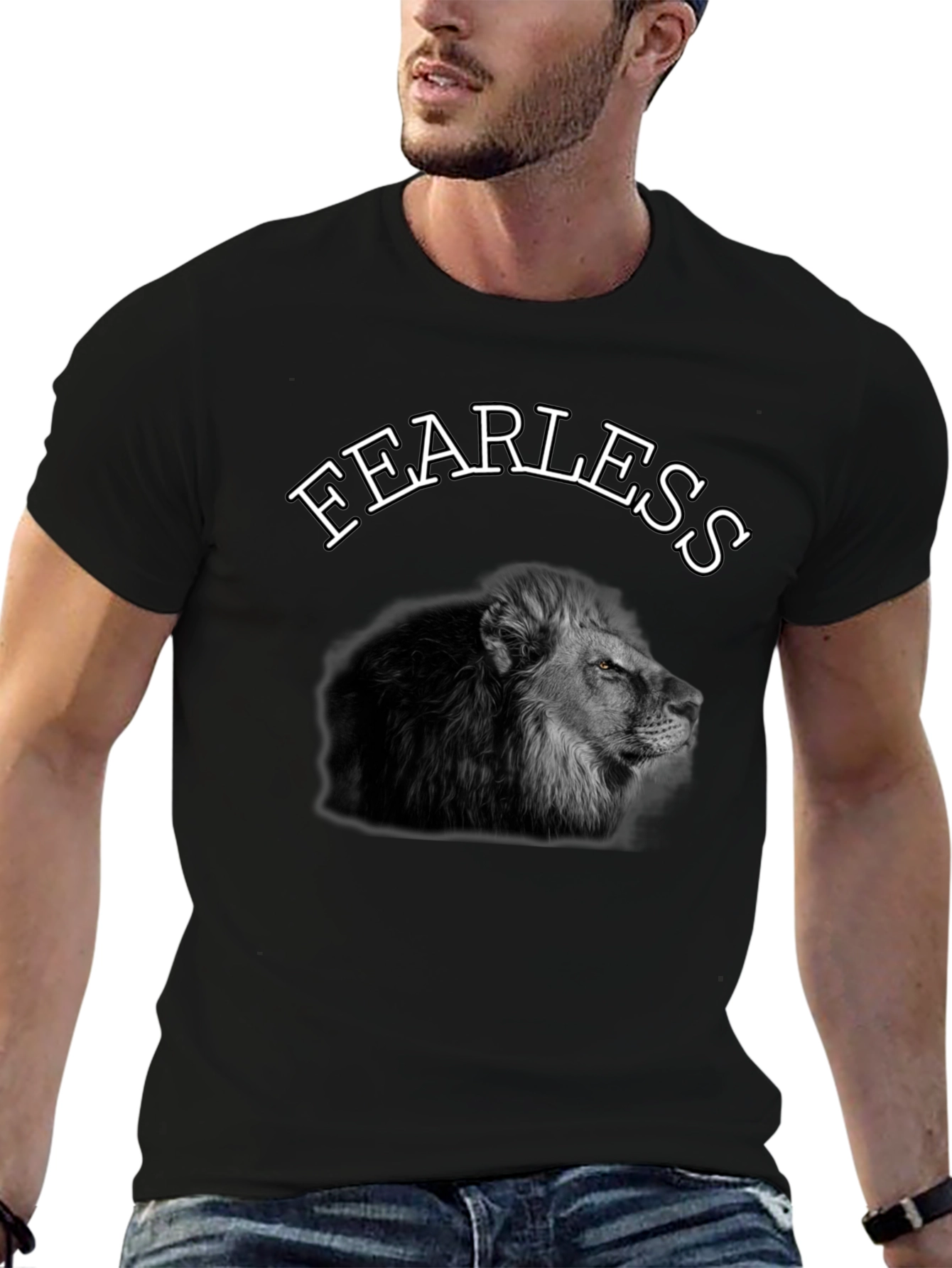 Black Fearless Lion Graphic Tee - Black Cotton T-Shirt view 6