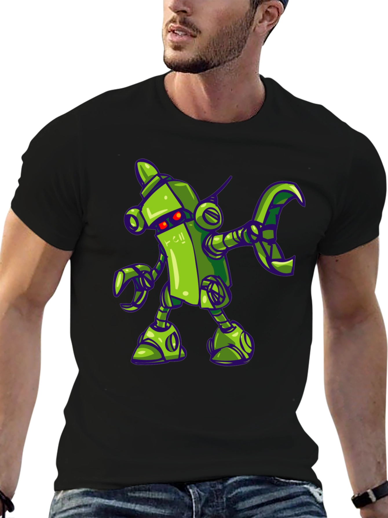 Black Cartoon Robot Graphic Tee - Black Cotton Shirt view 6
