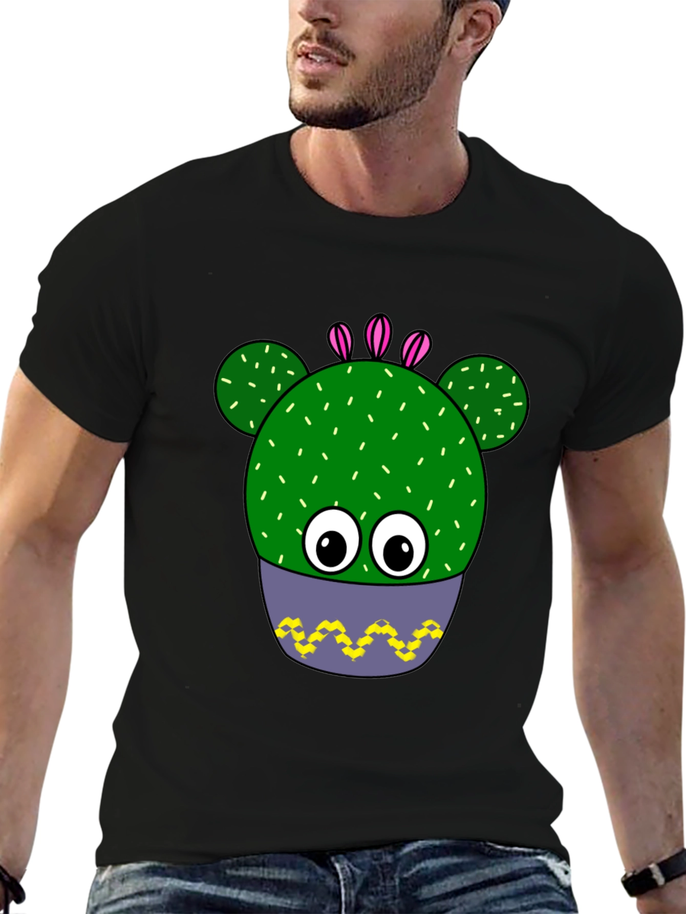 Black Funny Cactus Plant Graphic Print T-Shirt view 6