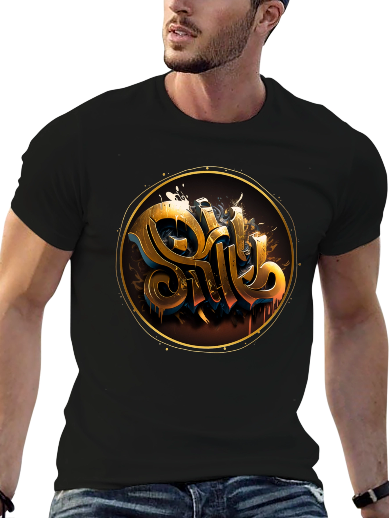 Black Gold Letter Graphic Black Tee - Stylish Casual Wear view 6