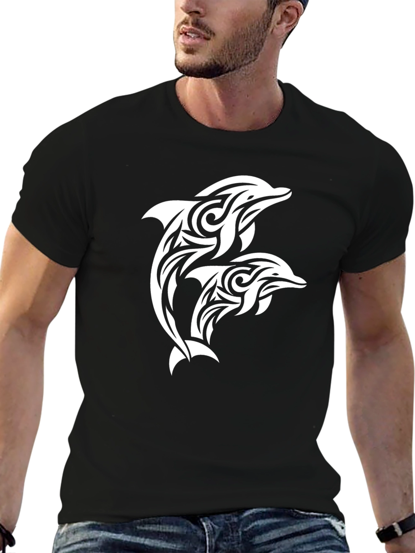 Black Tribal Dolphin Graphic Tee - Black Cotton Blend view 6
