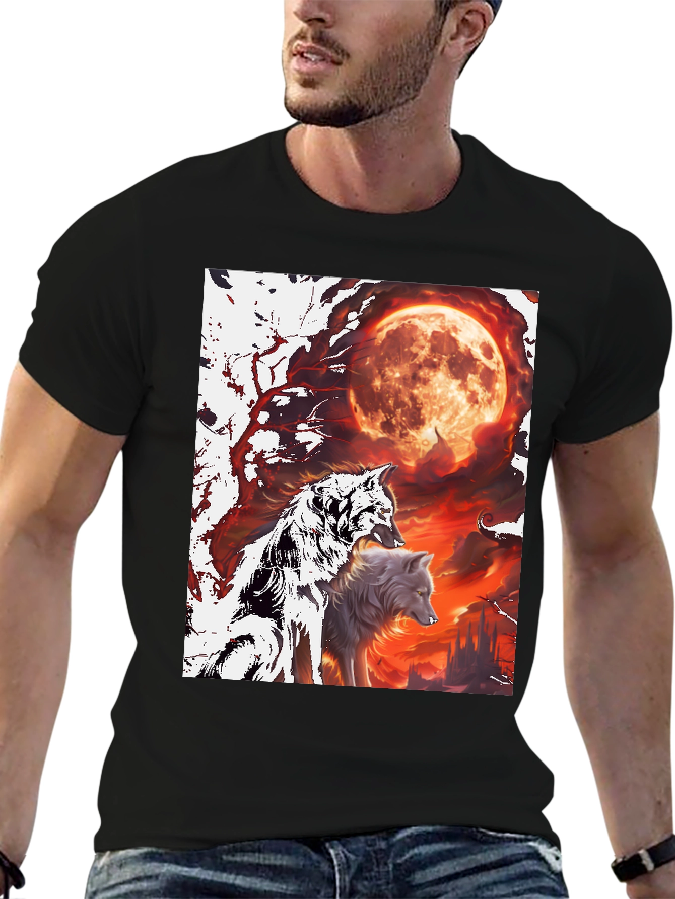 Black Wolf Pack Moon Graphic Tee - Black Cotton view 6