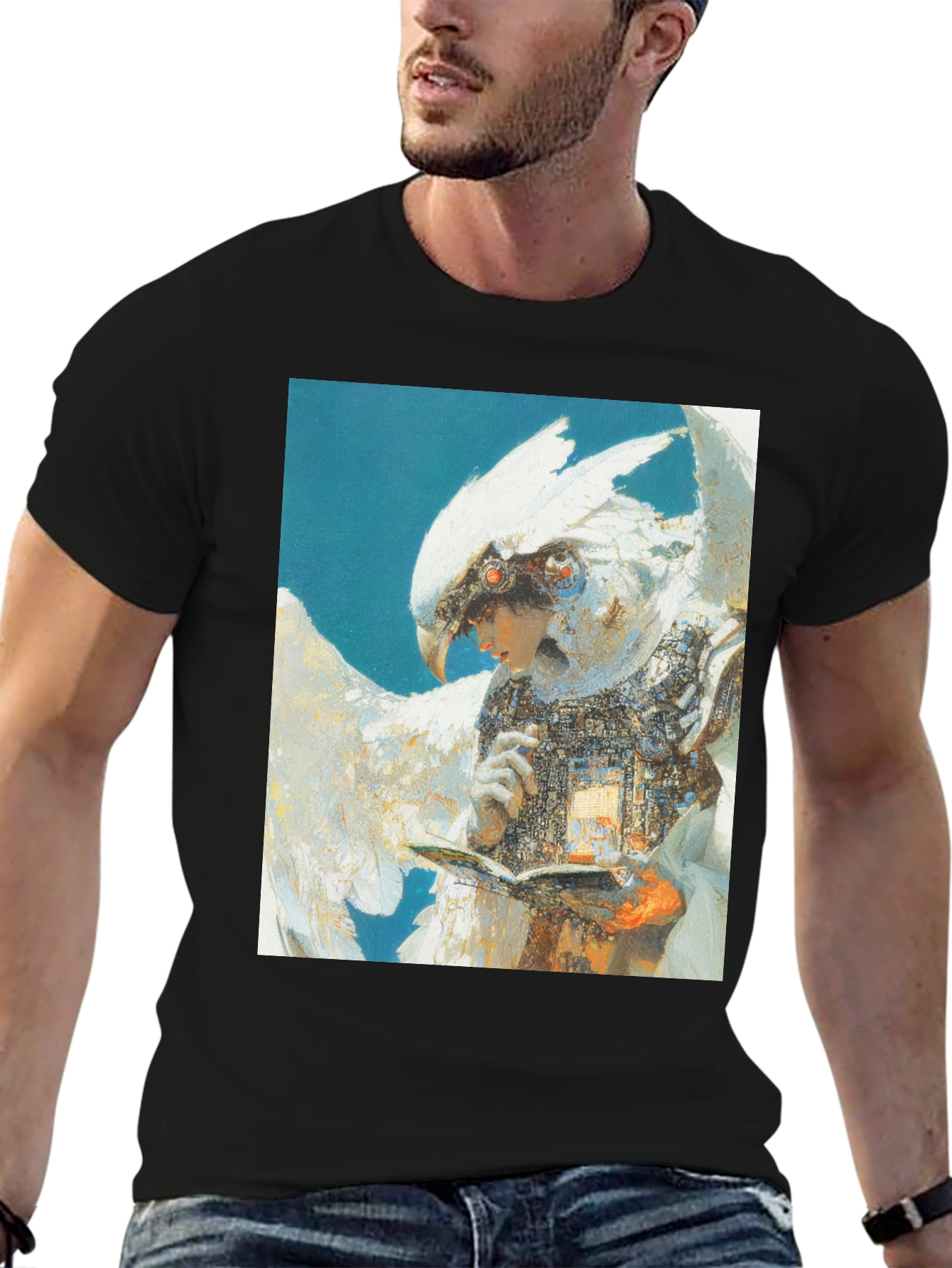 Black Futuristic Bird-Human Hybrid Graphic Tee view 6
