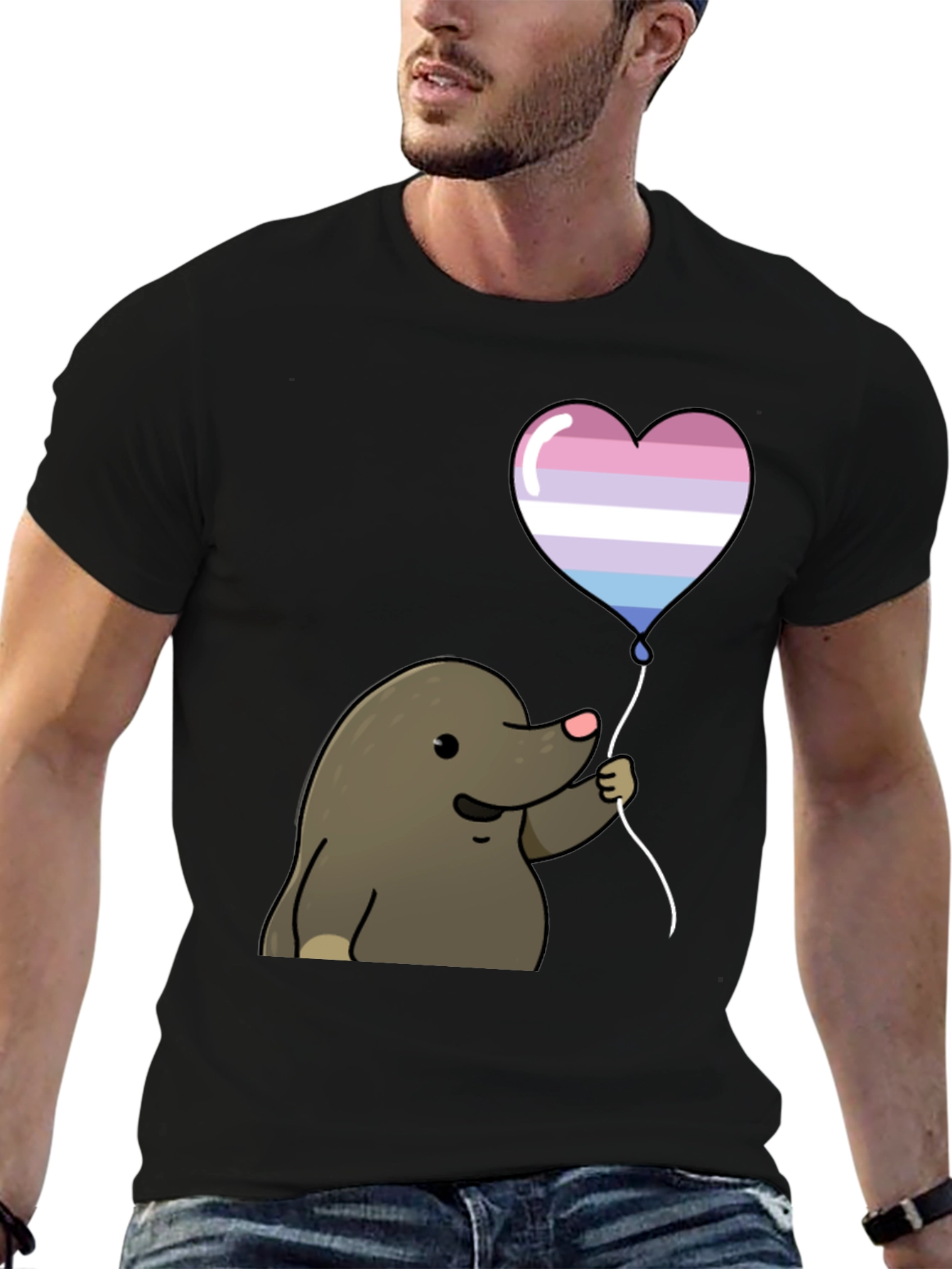 Black Mole with Transgender Pride Heart Balloon T-Shirt view 6