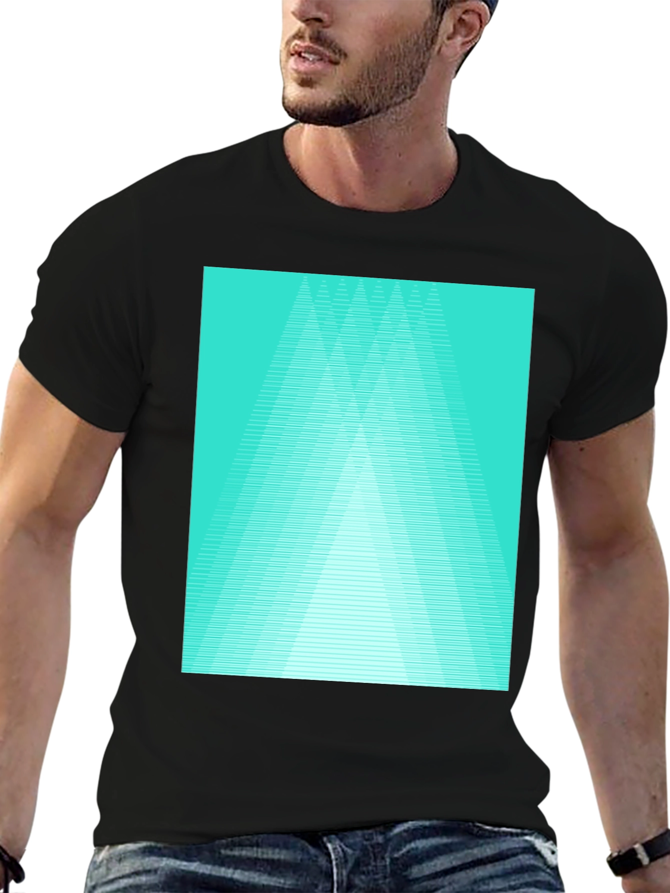 Black Retro Geometric Tee - Aqua Triangle Design view 6