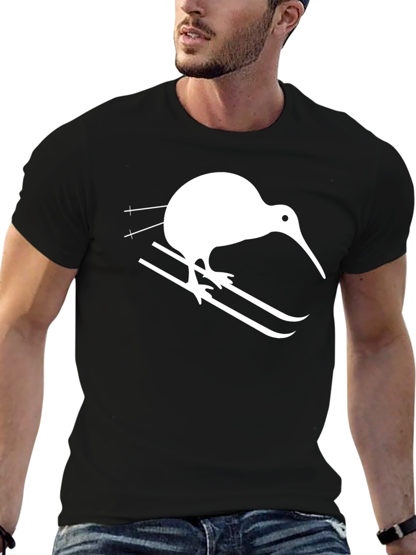 Black Kiwi Bird Skiing T-Shirt - Graphic Tee view 6
