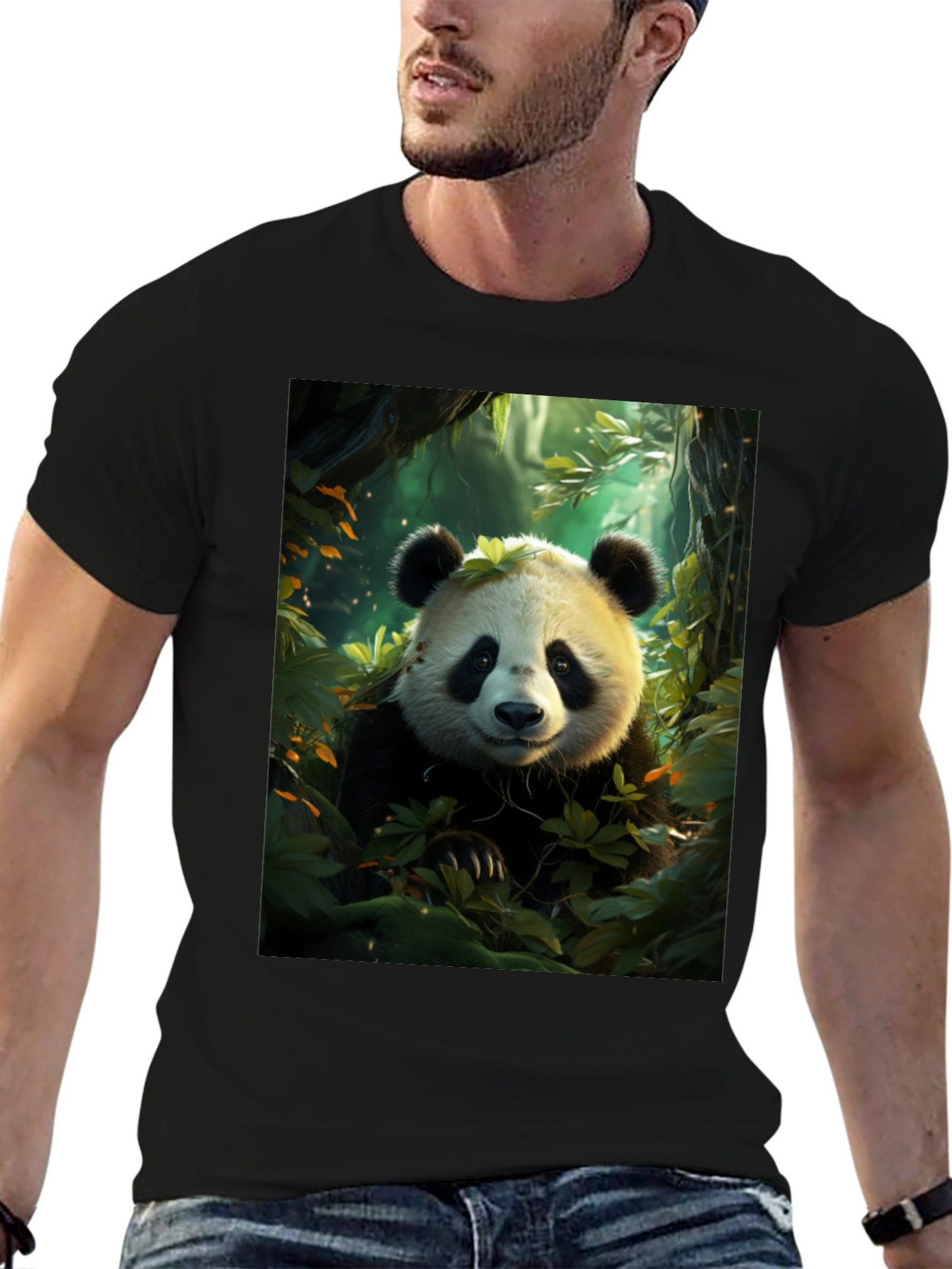 Black Panda in Forest Black T-Shirt view 6