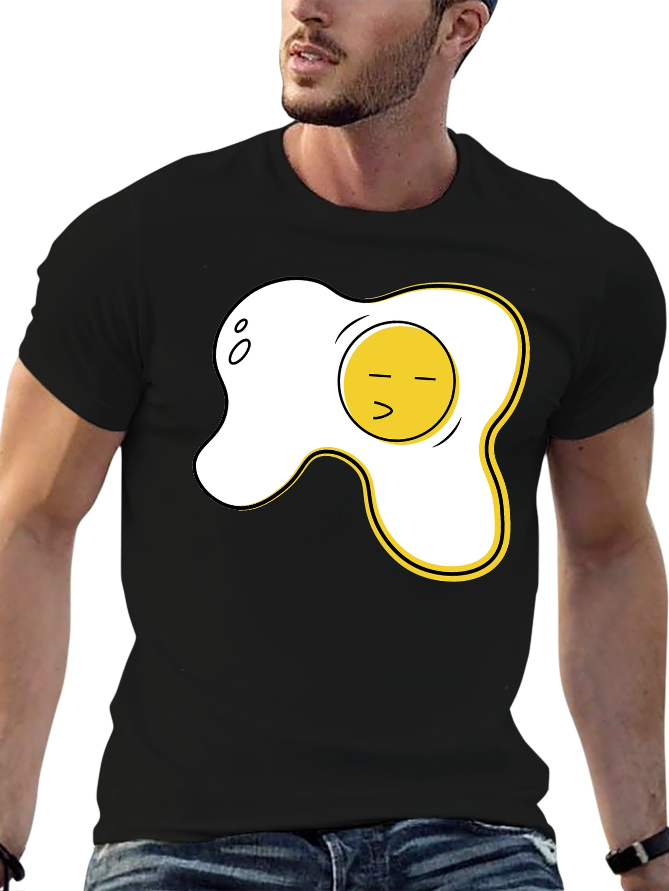 Black Funny Fried Egg Graphic Tee - Casual Black T-Shirt view 6