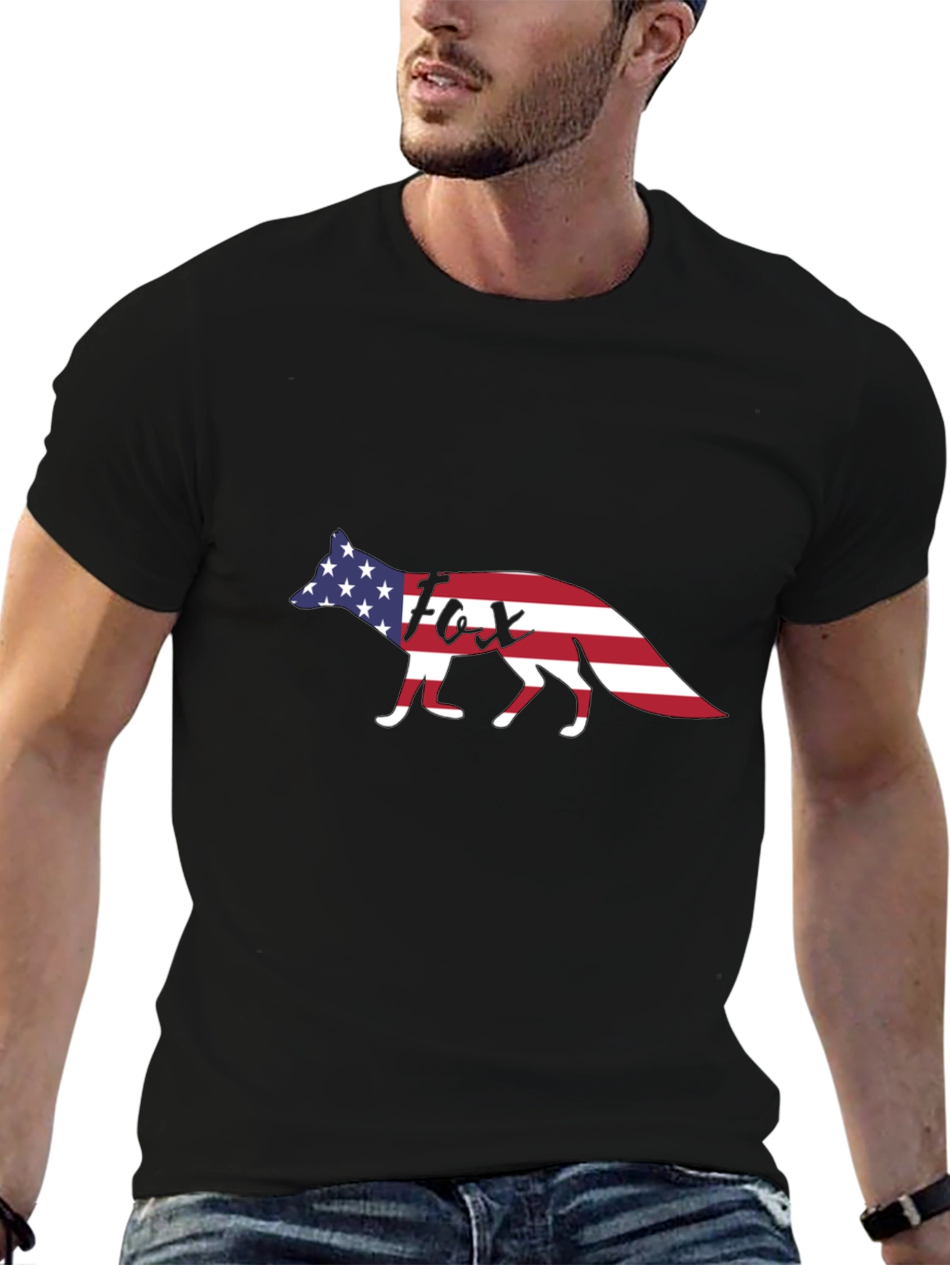 Black American Fox Graphic T-Shirt - Patriotic USA Design view 6