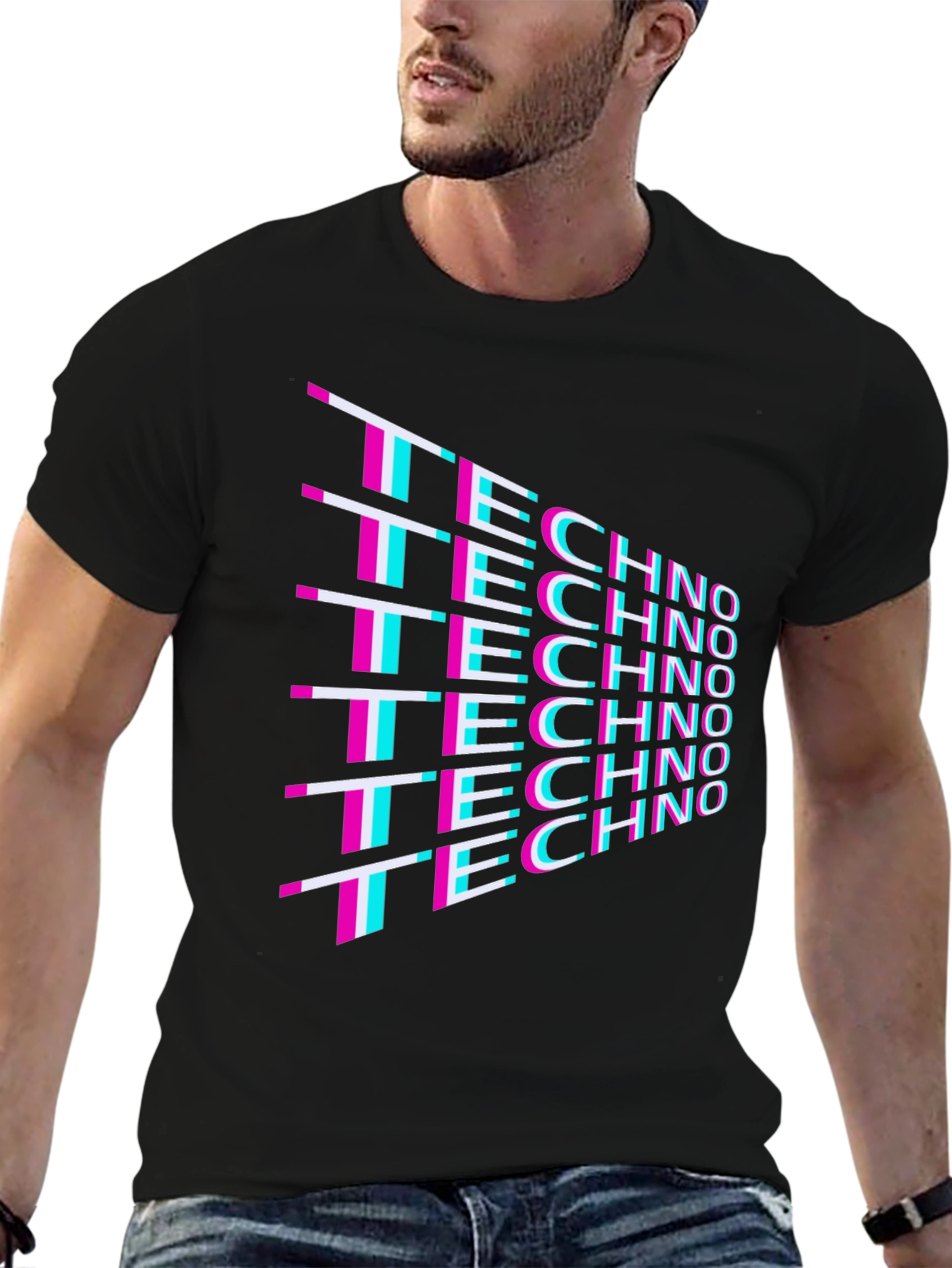 Black Techno Glitch T-Shirt - Retro 80s Rave Party Tee view 6