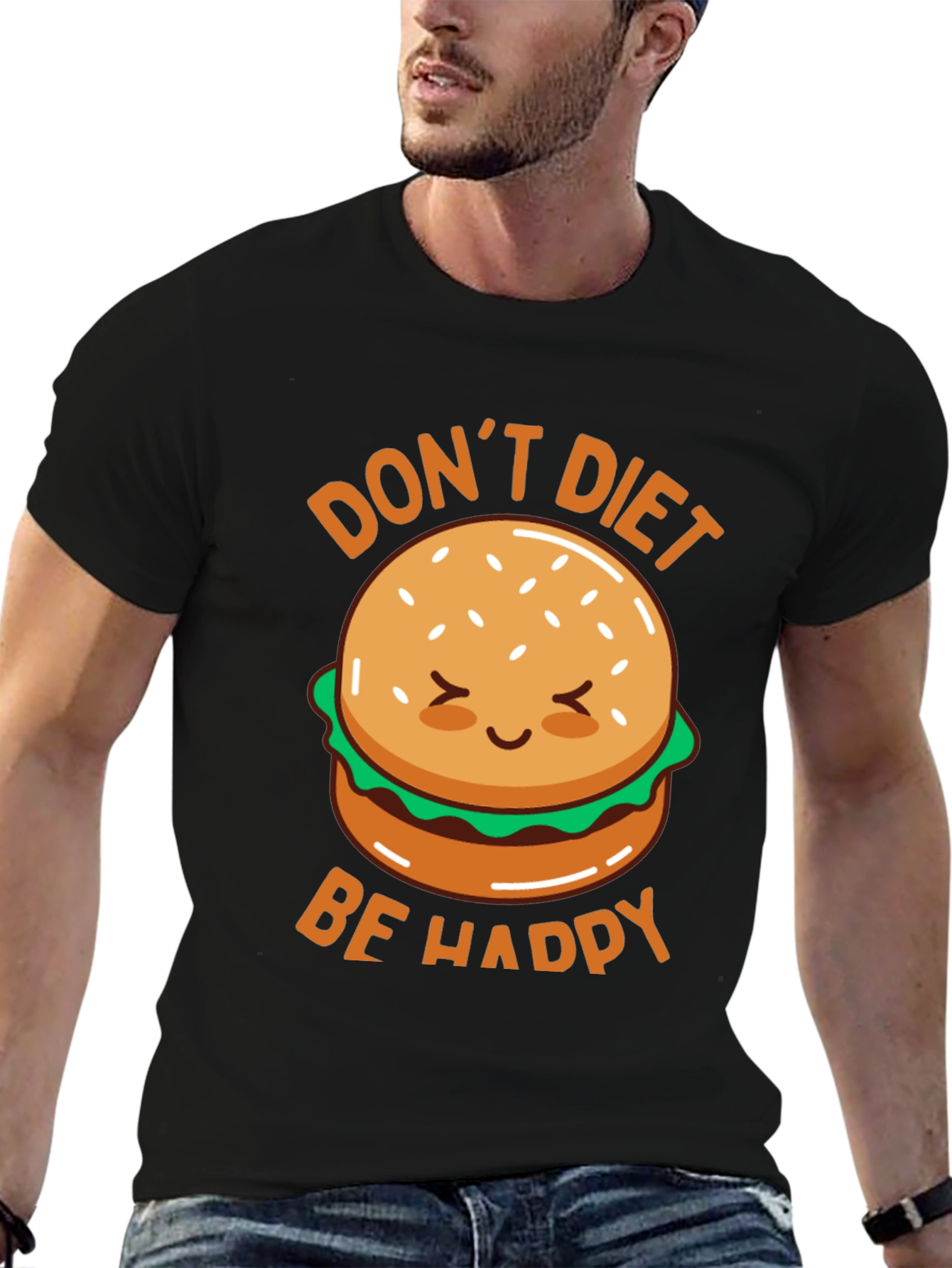 Black Don't Diet Be Happy T-Shirt - Cute Burger Graphic Tee view 6