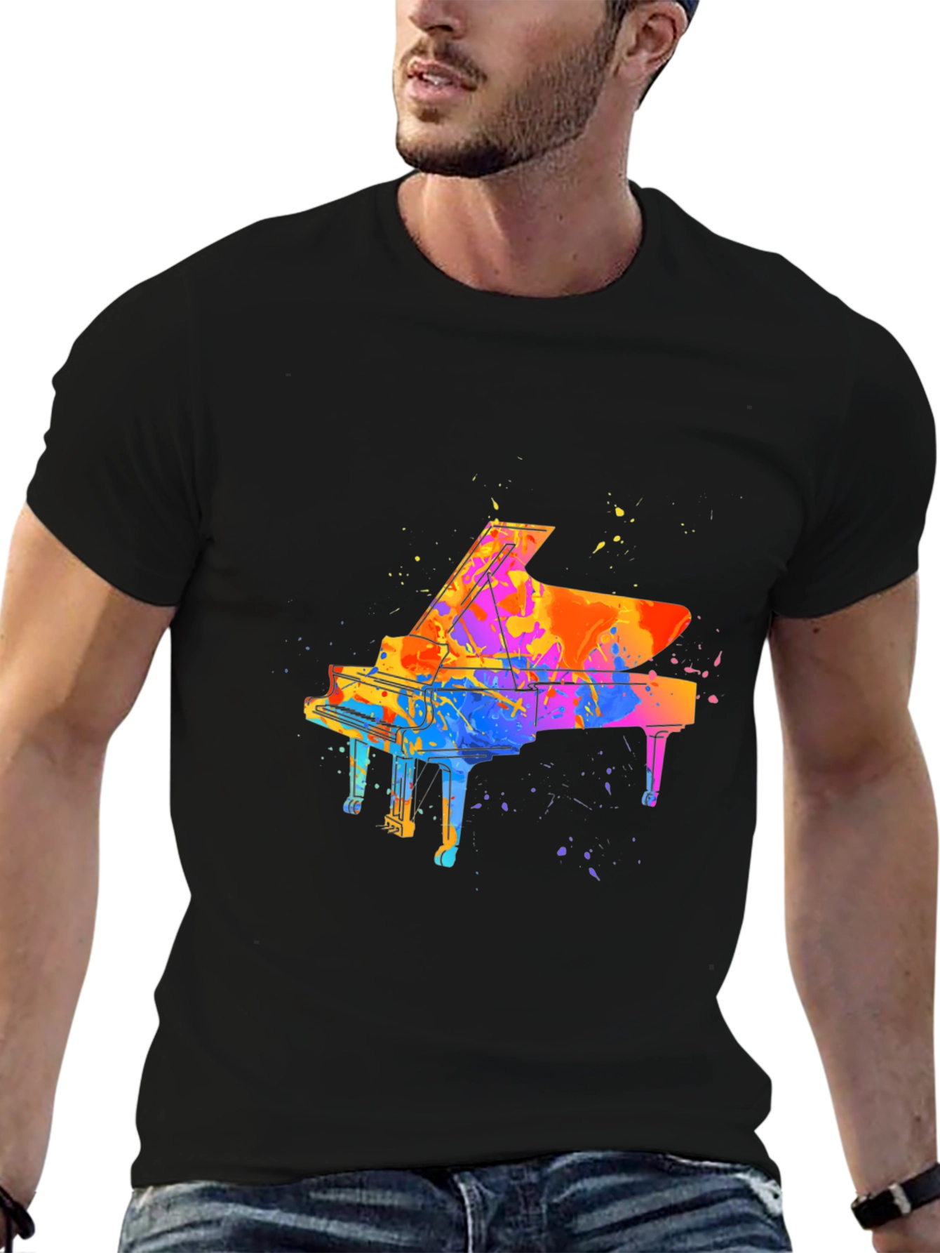 Black Watercolor Piano Graphic Men's Black T-Shirt view 6