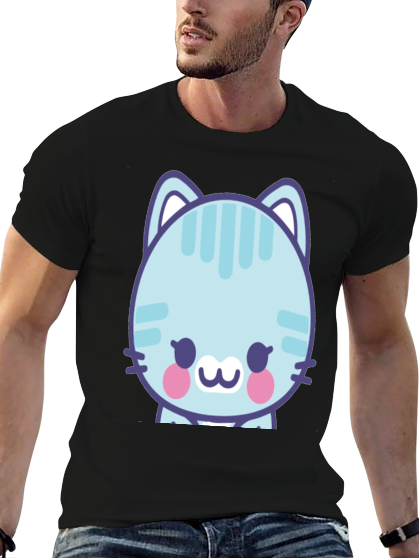 Black Cute Cartoon Cat Graphic T-Shirt - Black view 6