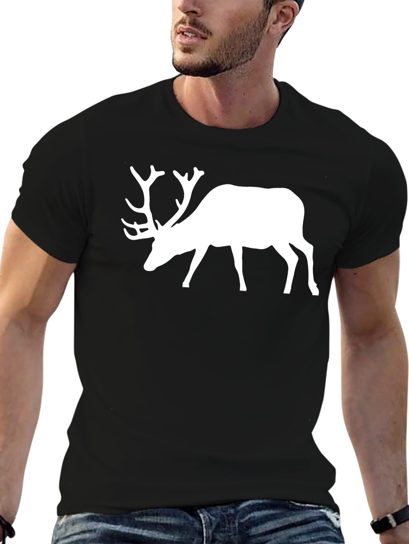Black Men's Black T-Shirt with White Deer Graphic view 6