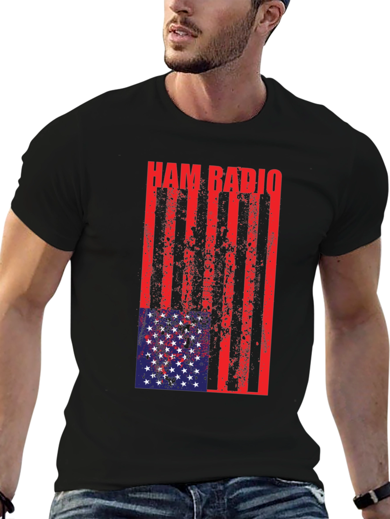 Black Ham Radio USA Flag T-Shirt view 6