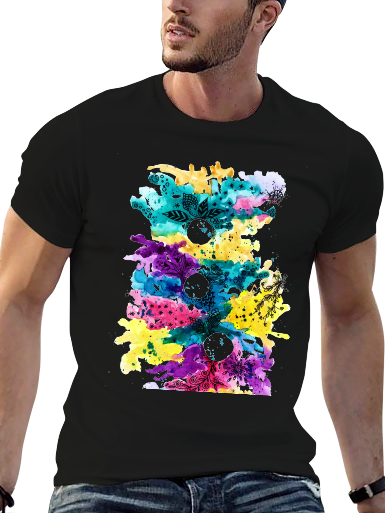 Black Abstract Watercolor Print Black T-Shirt view 6