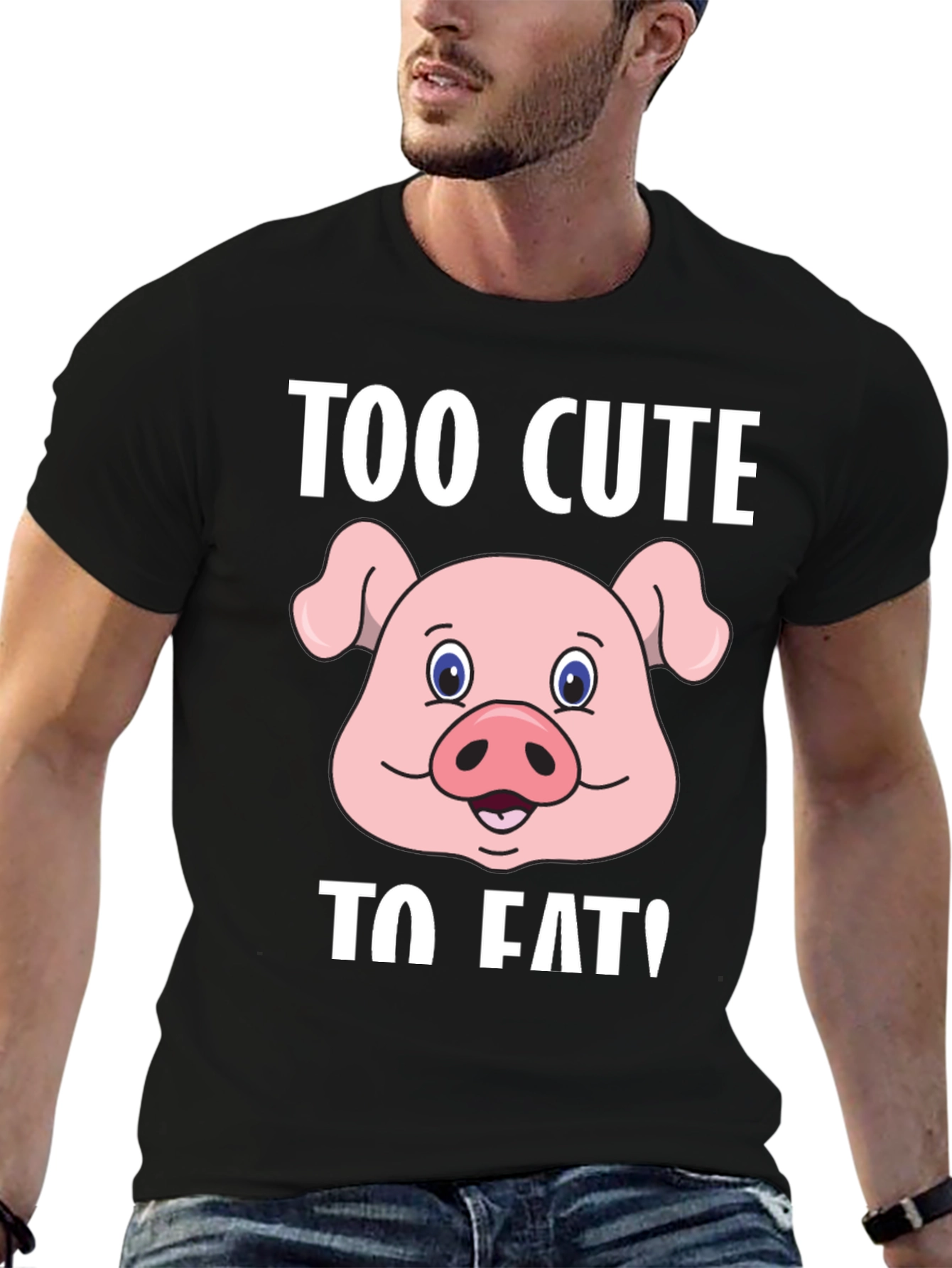 Black Cute Pig Graphic T-Shirt - "Too Cute To Eat!" view 6