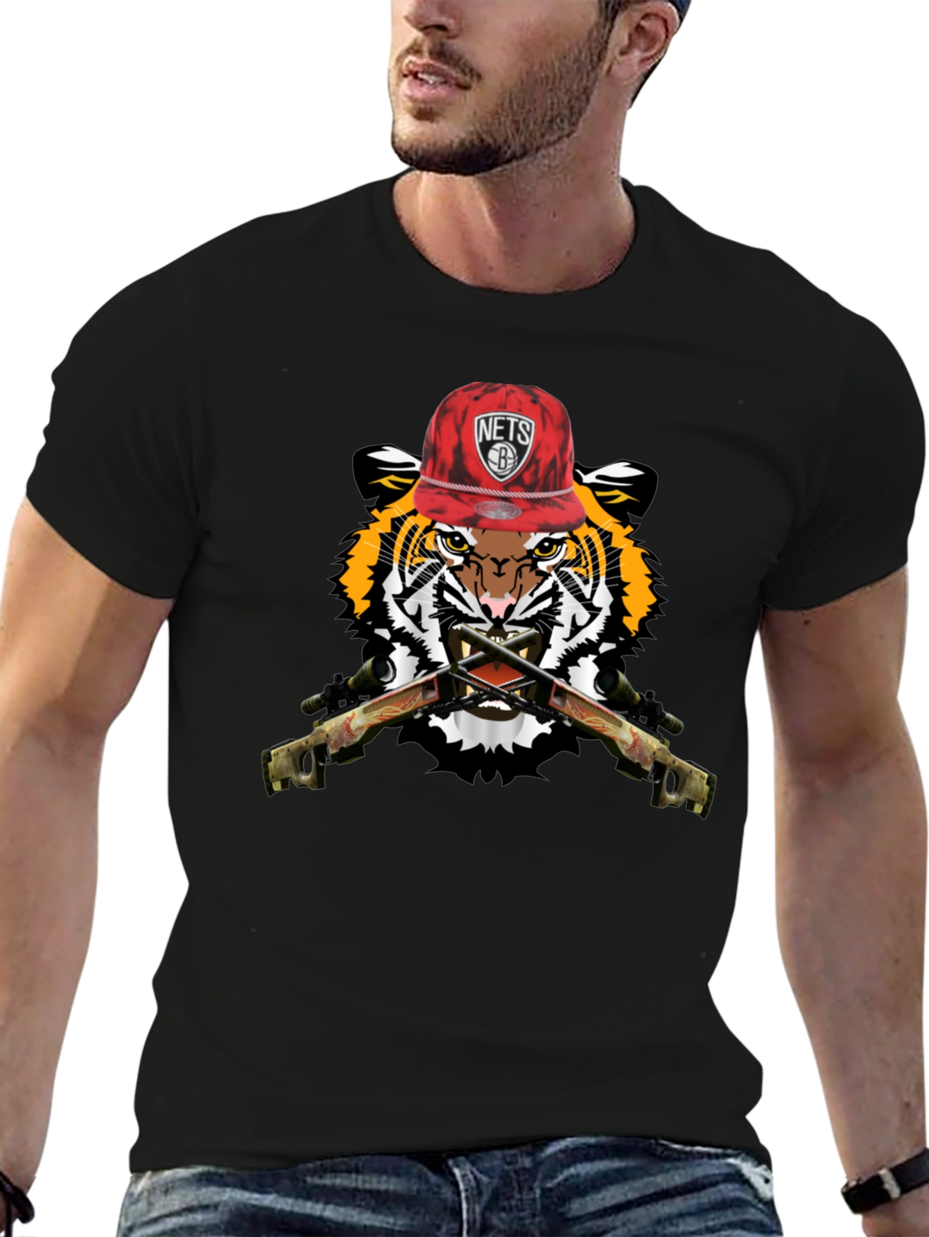 Black Tiger with Nets Hat Graphic Print T-Shirt view 6