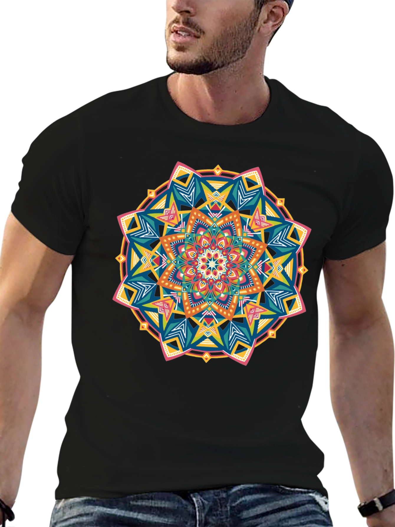 Black Vibrant Mandala Graphic Black T-Shirt view 6