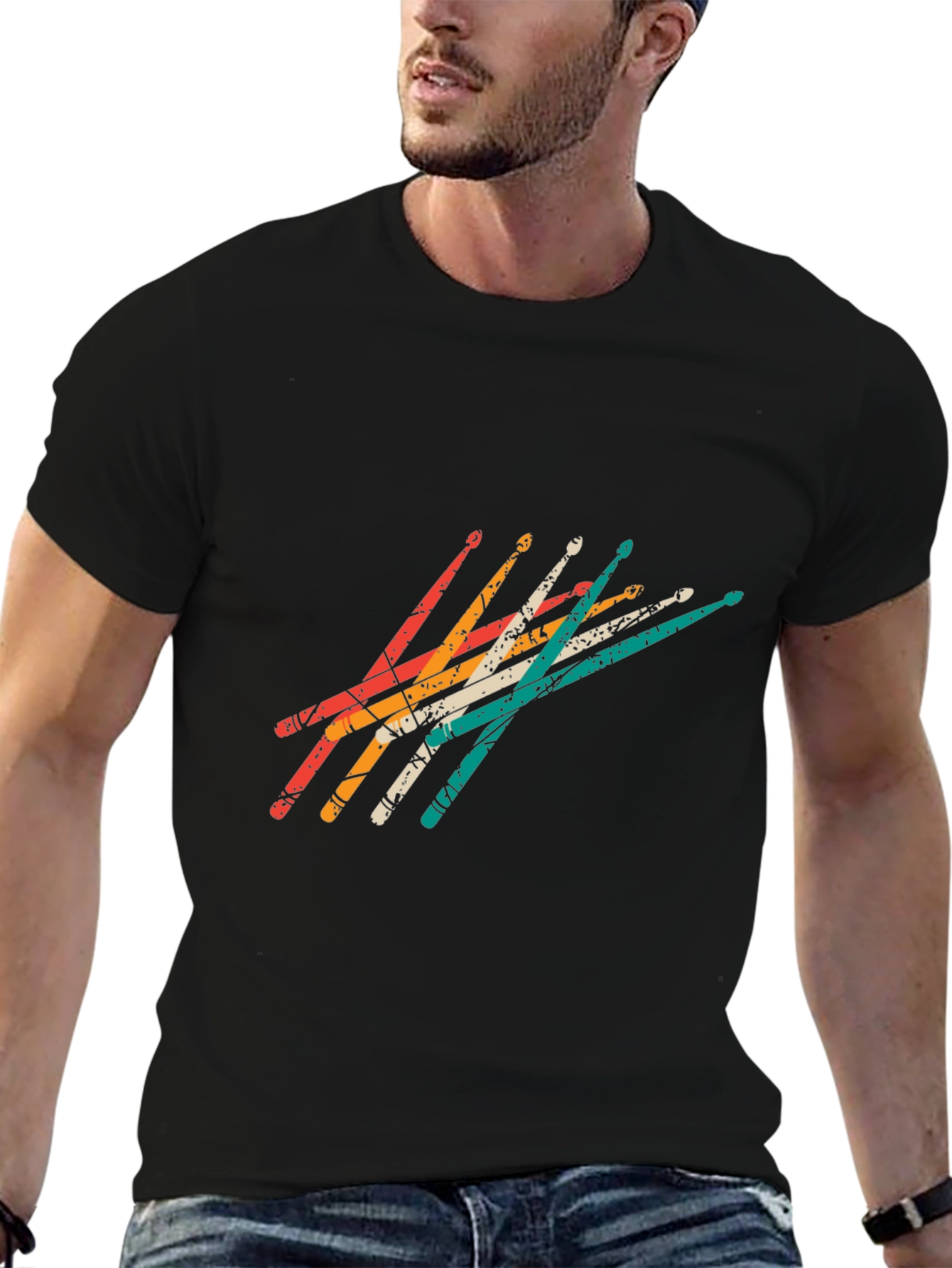 Black Retro Drumsticks Graphic Tee - Black Casual T-Shirt view 6