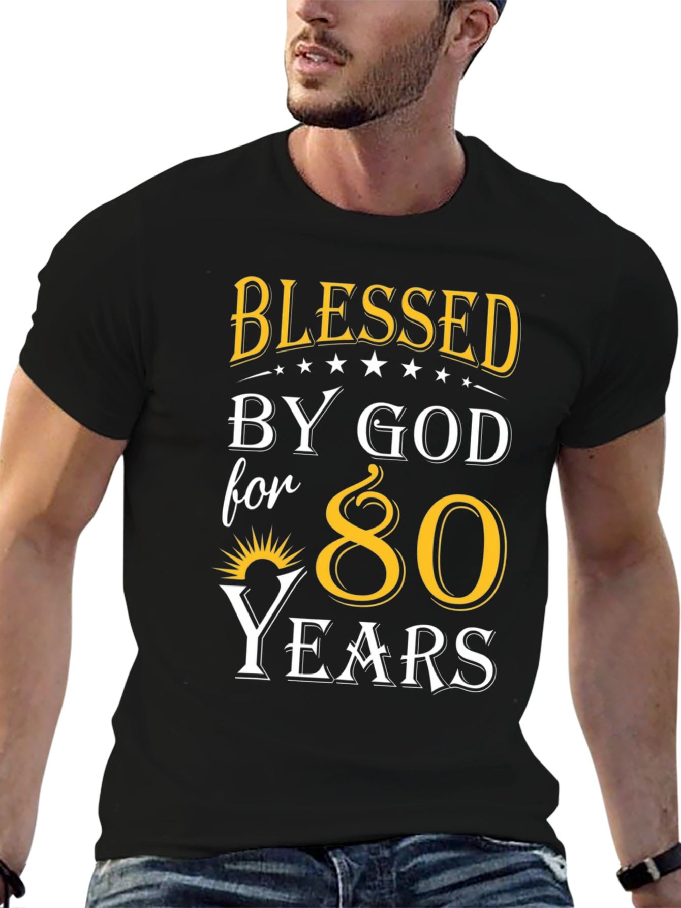 Black Blessed by God 80 Years T-Shirt view 6