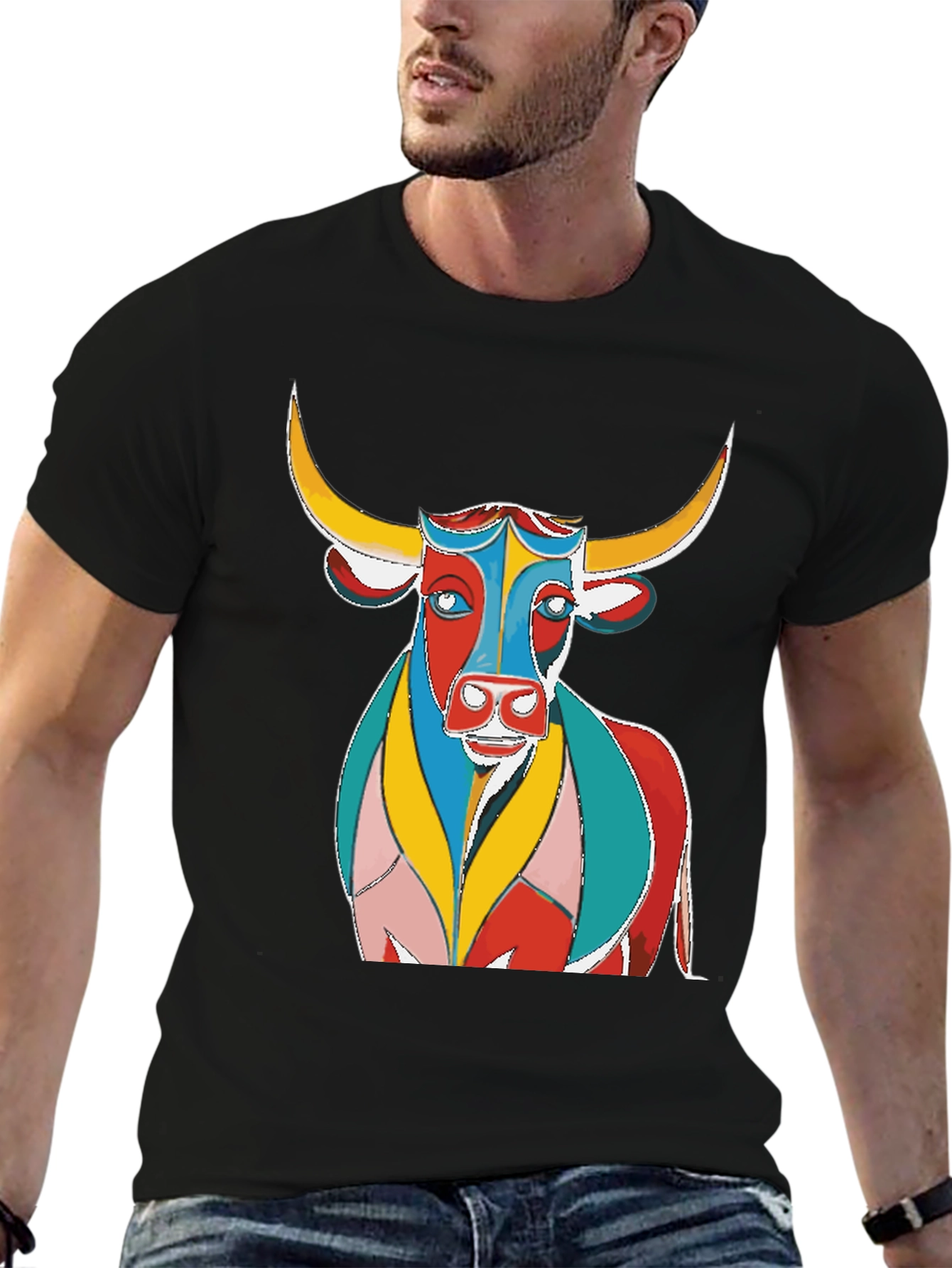 Black Colorful Bull Graphic Print Black T-Shirt view 6