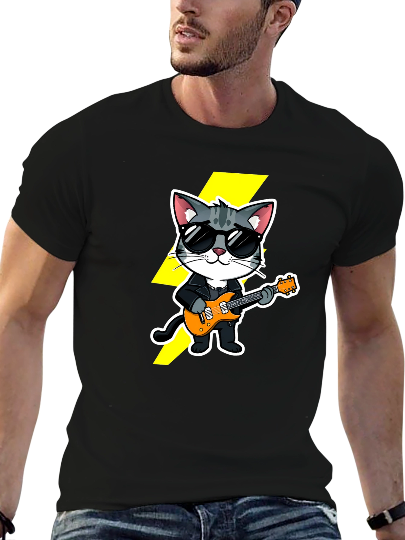 Black Cool Cat Guitarist Black T-Shirt view 6
