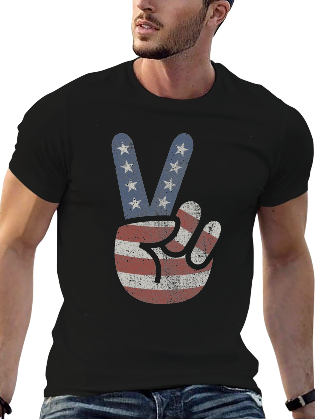 Black American Flag Peace Sign T-Shirt view 6