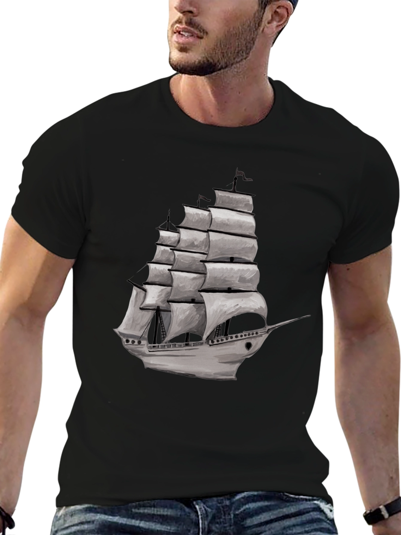 Black Nautical Sailboat Graphic Tee - Black Cotton Blend view 6