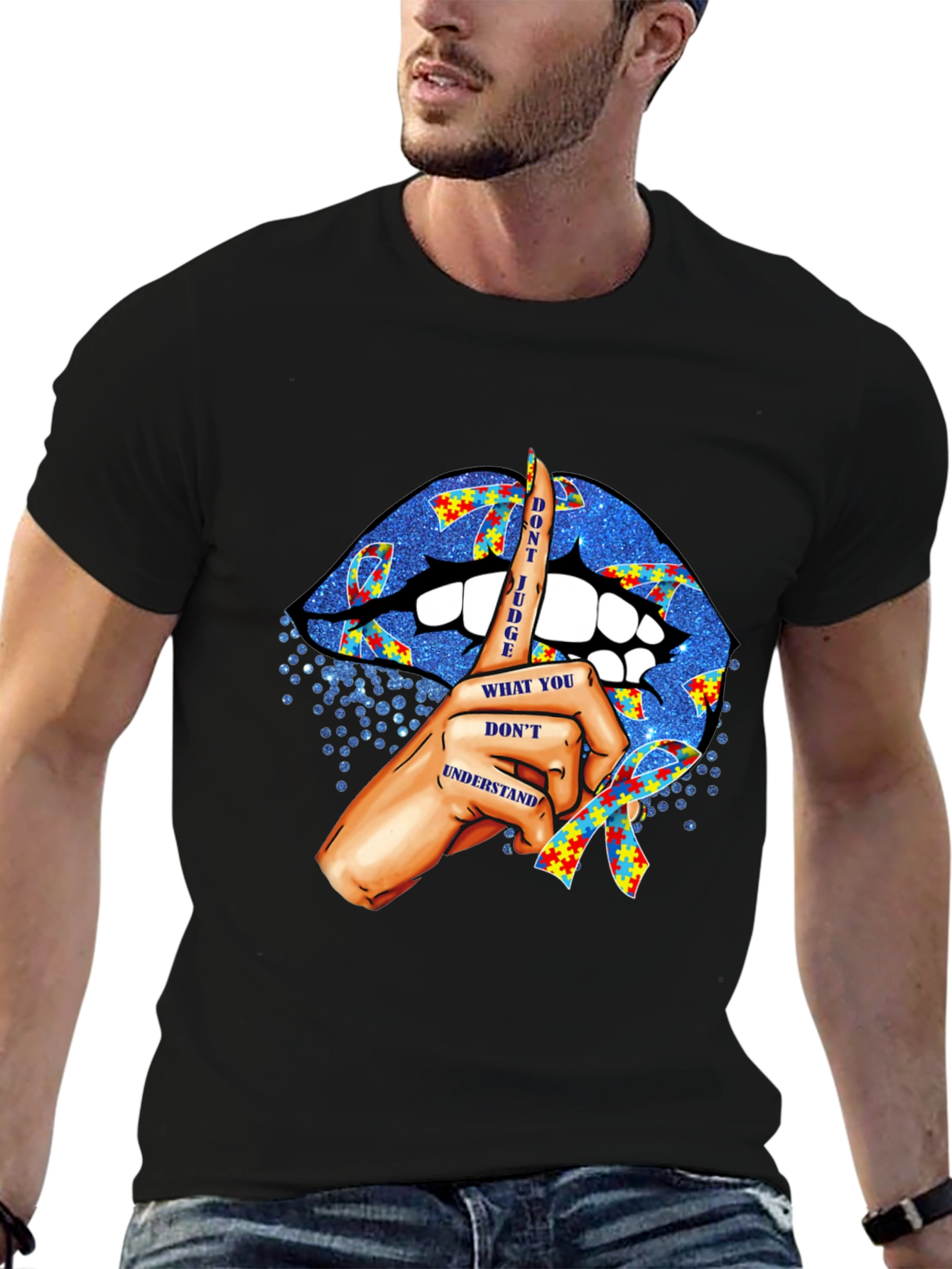 Black Autism Awareness Lips T-Shirt - Don't Judge view 6