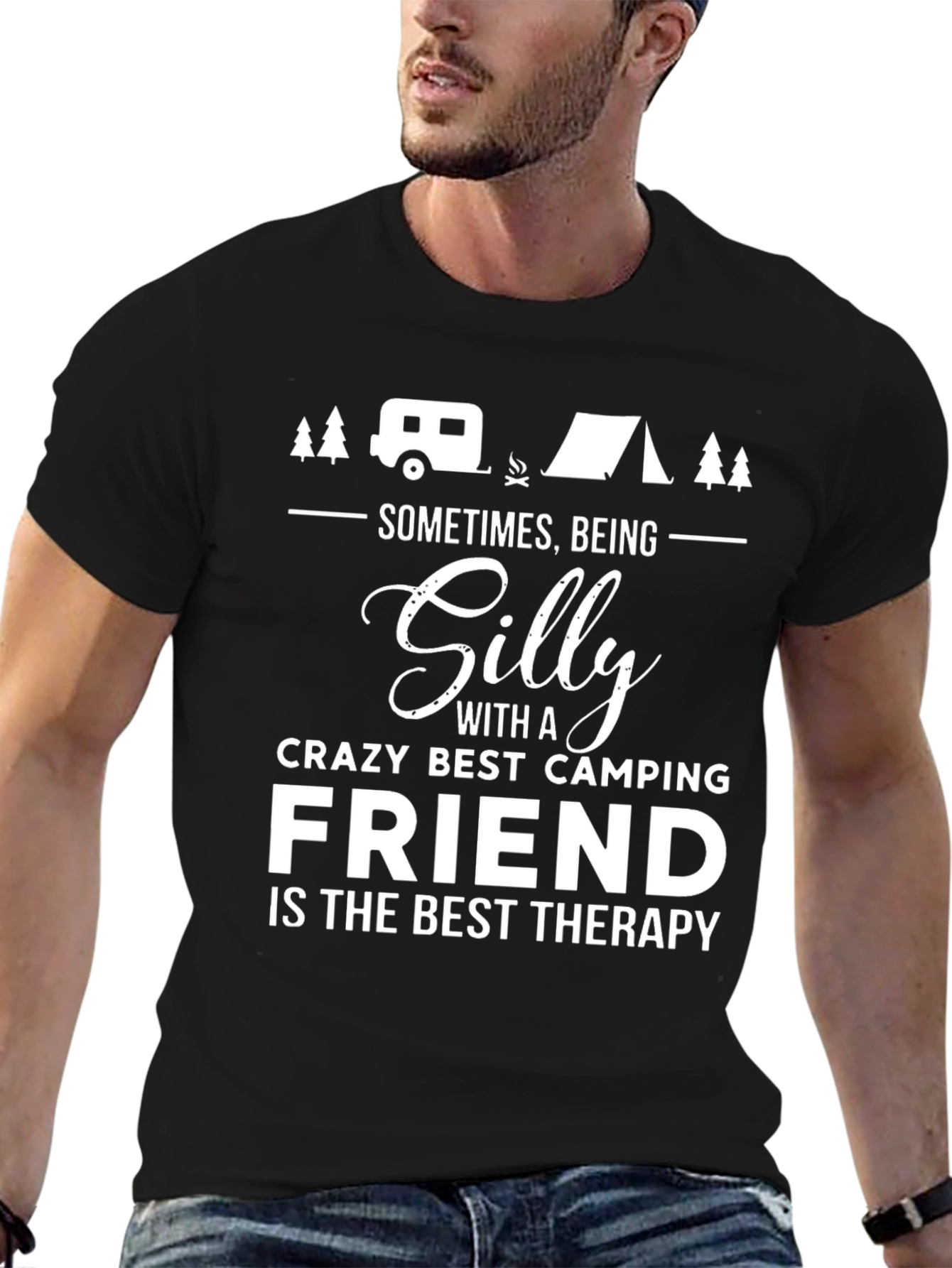 Black Silly Crazy Camping Friend Therapy T-Shirt view 6