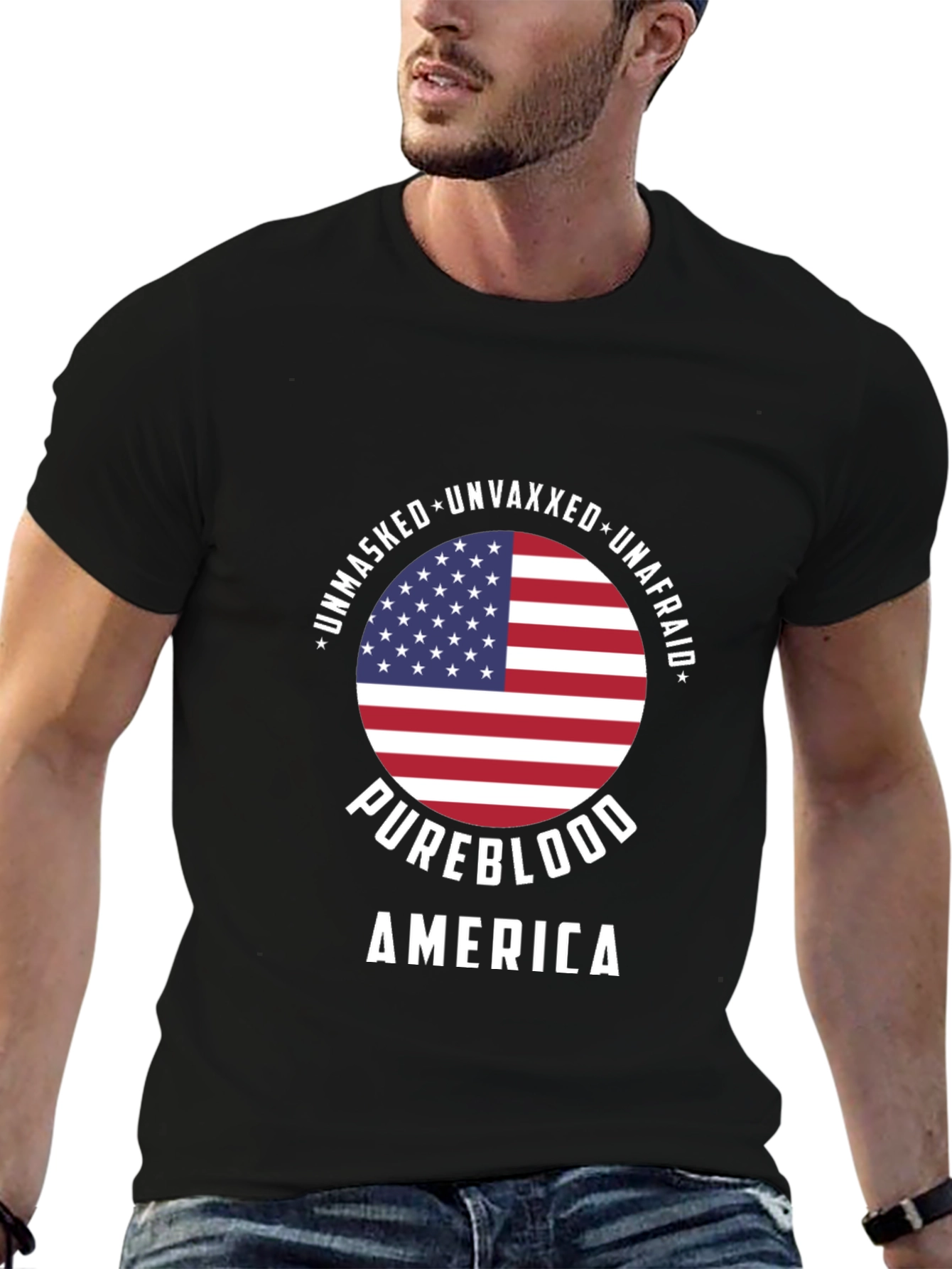 Black Unmasked Unvaxxed Pureblood America T-Shirt view 6