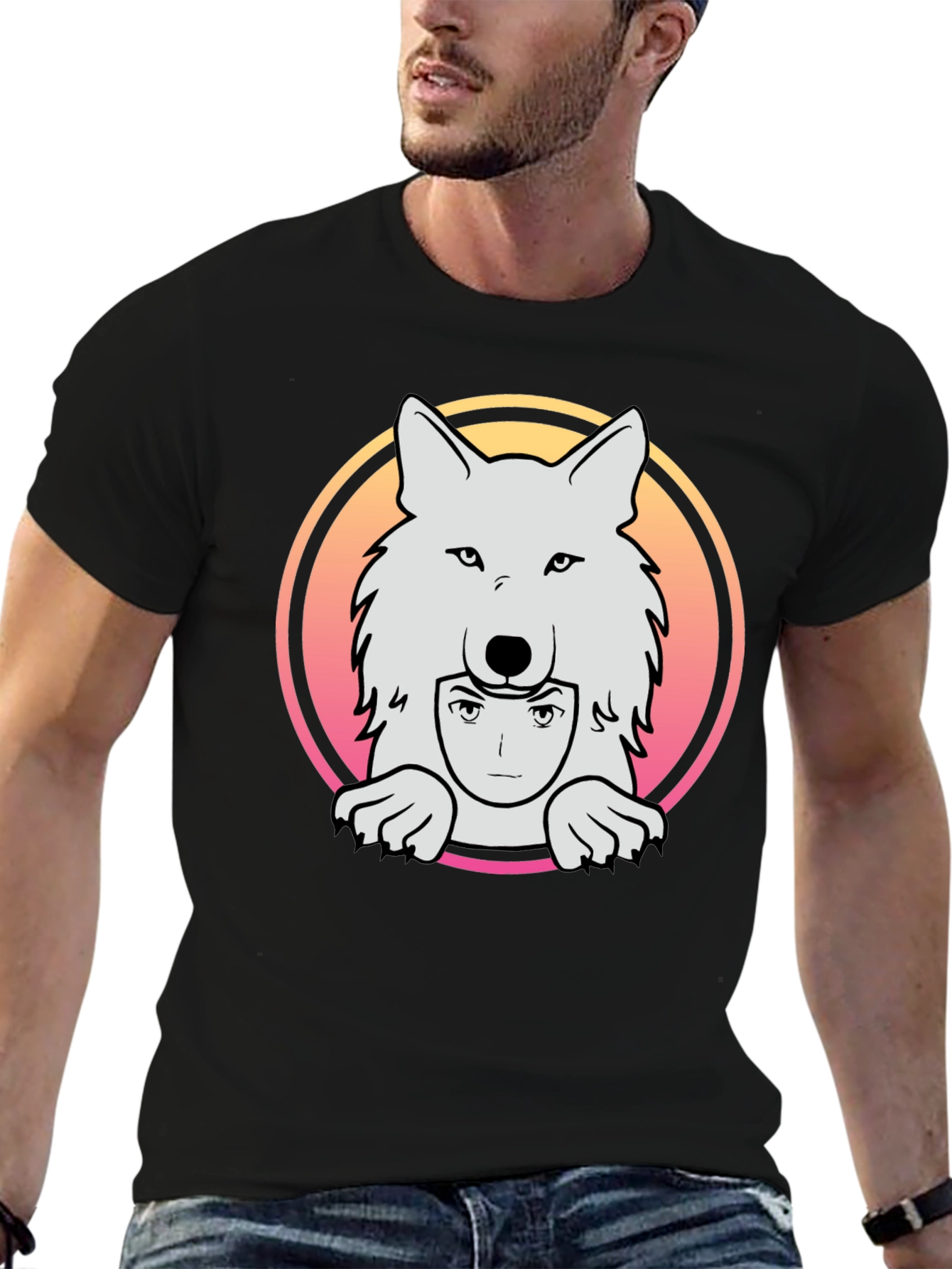 Black Anime Wolf Graphic Tee - Black Cotton T-Shirt view 6