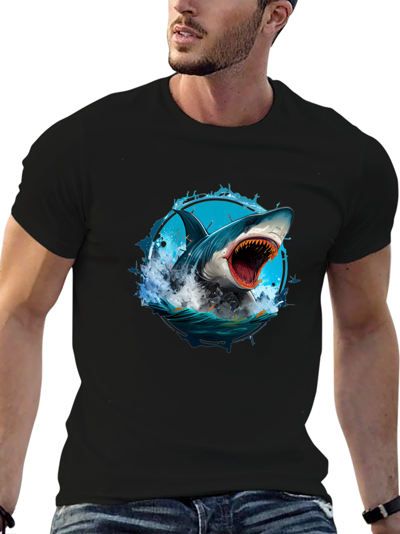 Black Shark Attack Graphic Tee - Black Cotton T-Shirt view 6