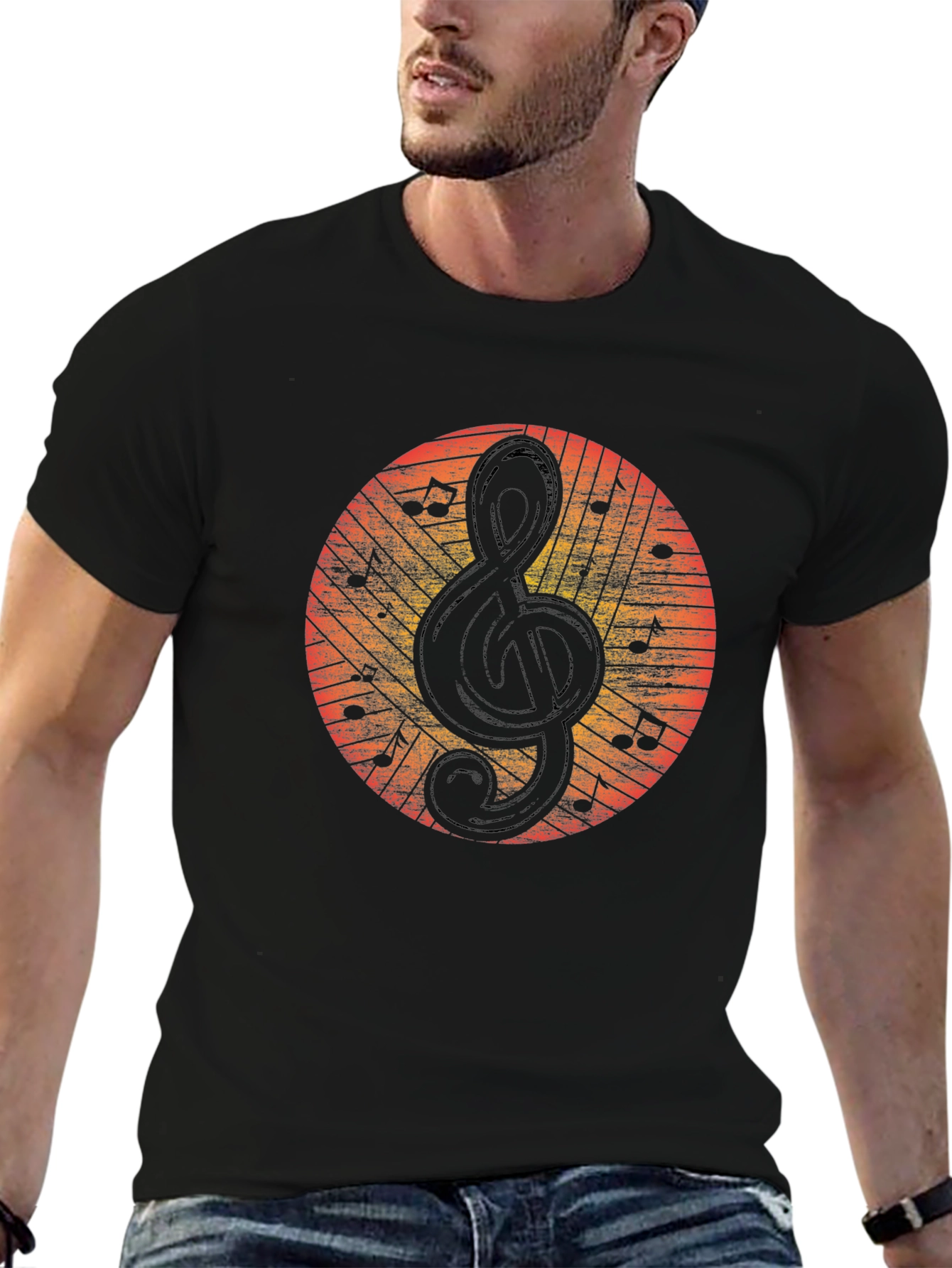 Black Retro Music Note Treble Clef Graphic T-Shirt view 6