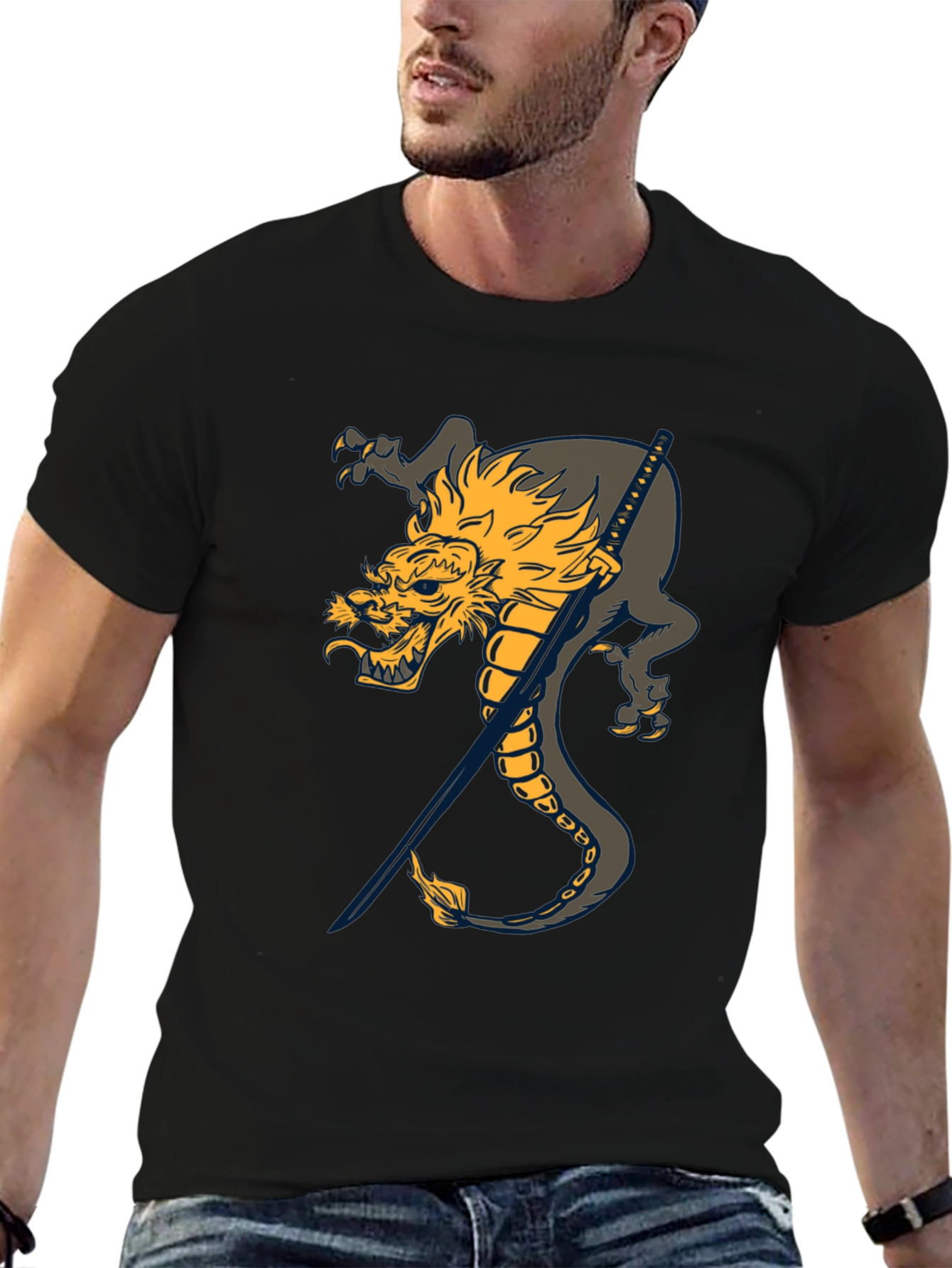 Black Dragon and Katana Black T-Shirt view 6