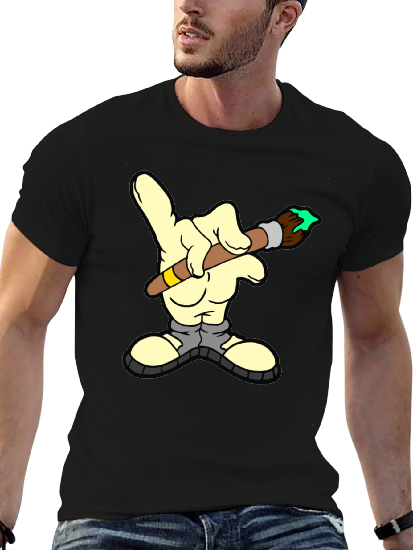 Black Cartoon Hand Painter Black T-Shirt view 6