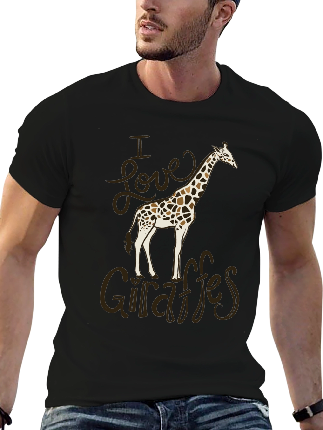 Black I Love Giraffes Black Cotton T-Shirt view 6