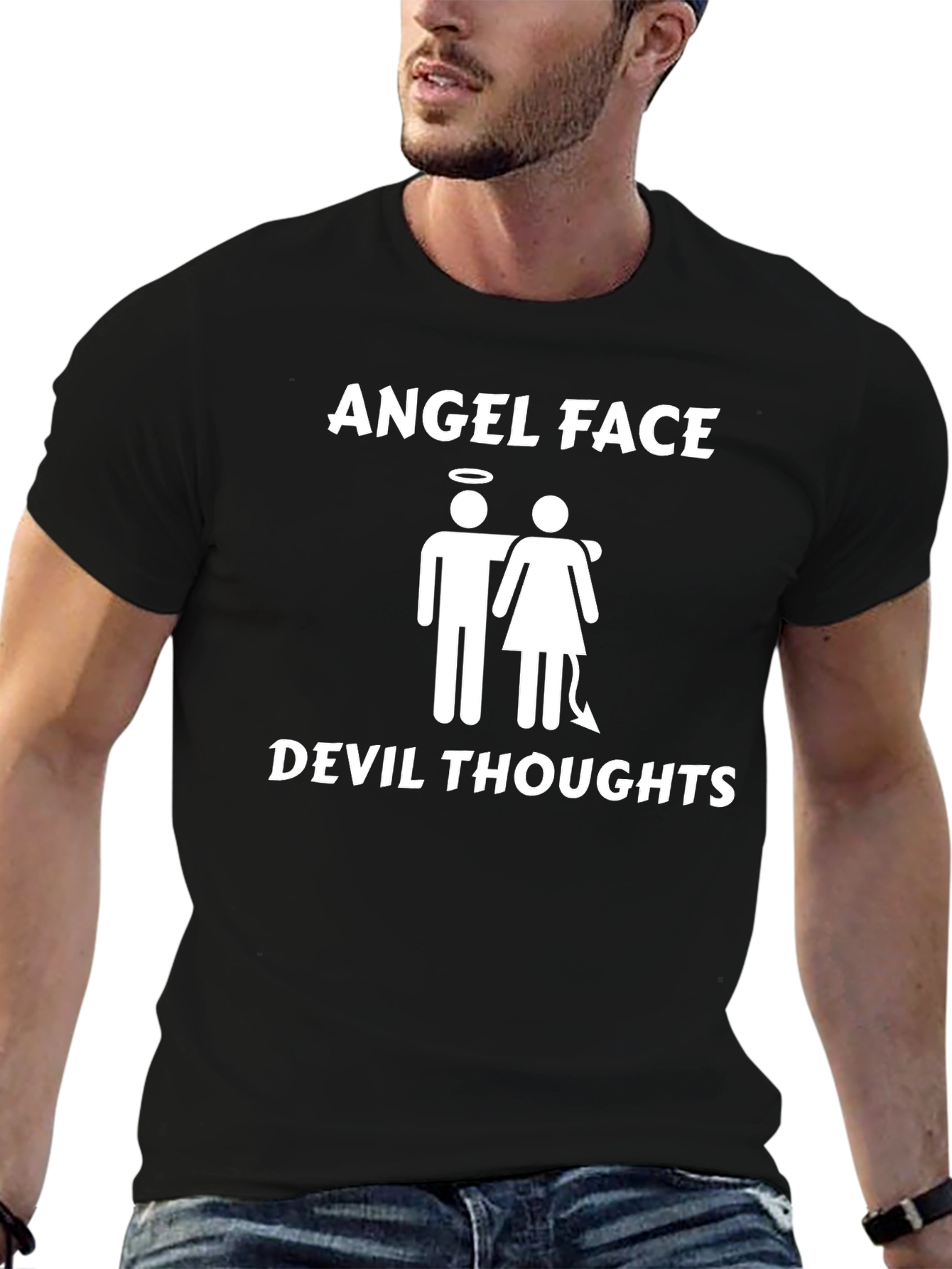 Black Angel Face Devil Thoughts Graphic T-Shirt view 6