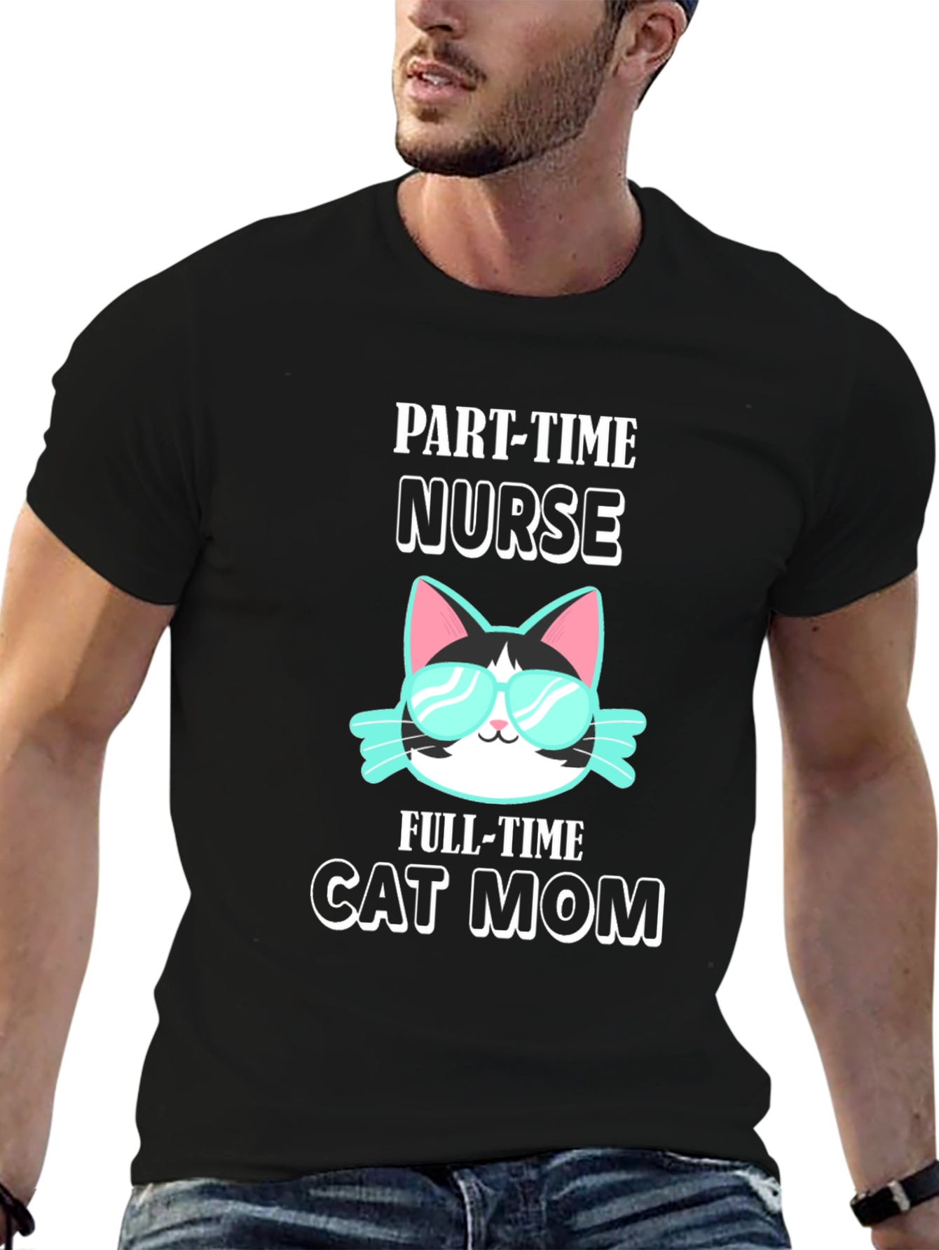 Black Part-Time Nurse Full-Time Cat Mom T-Shirt view 6