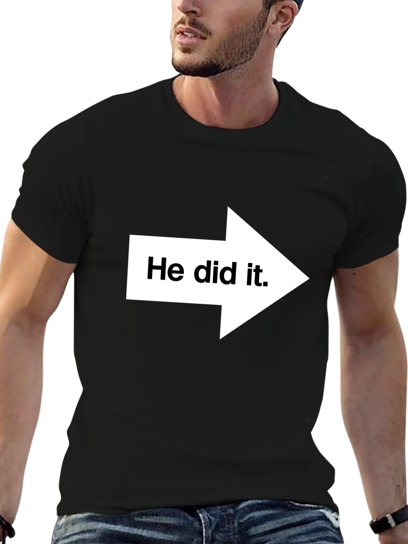 Black He Did It! Graphic Print T-Shirt - Pointing Arrow Novelty Tee view 6