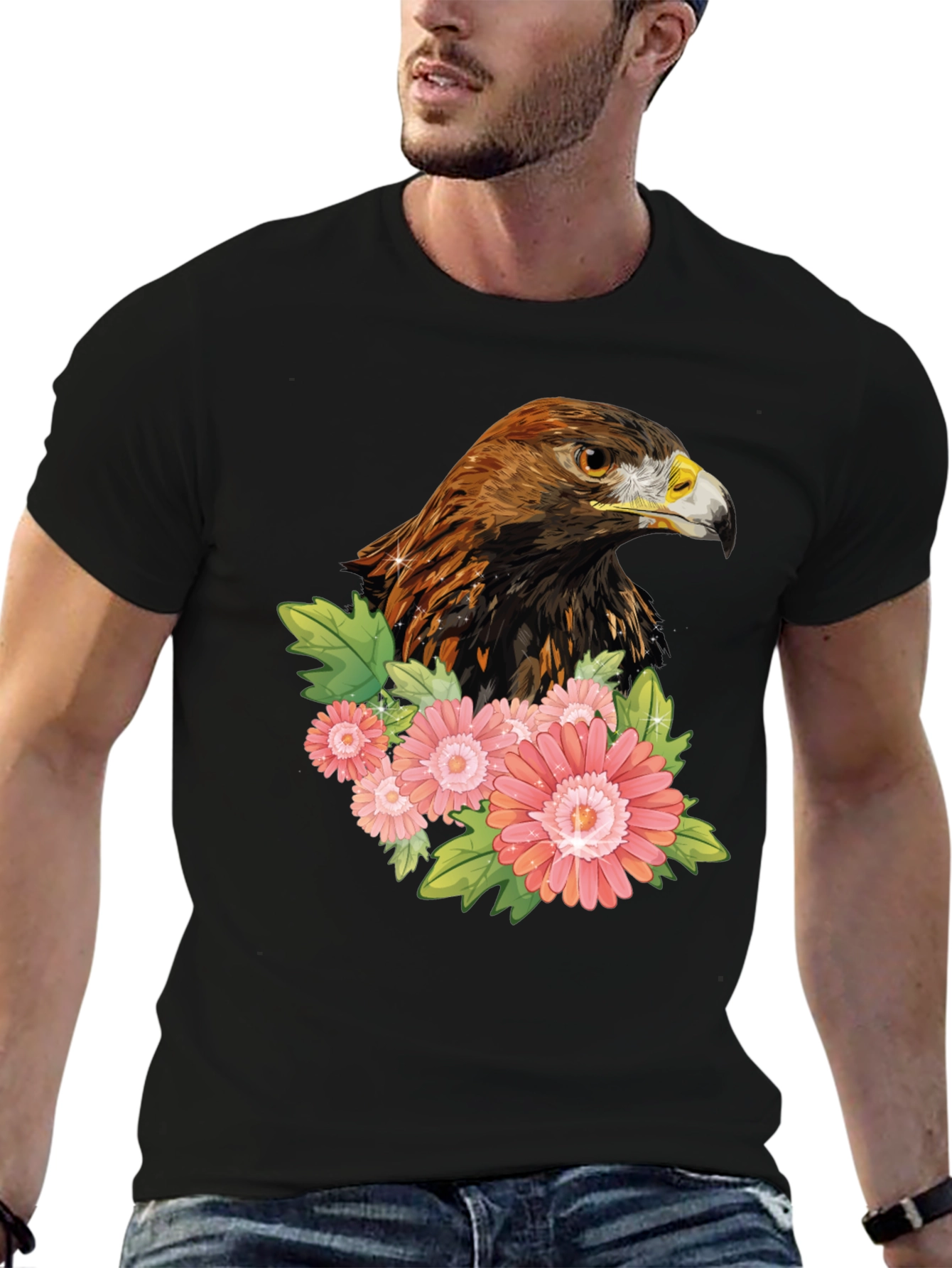 Black Eagle & Flowers Graphic T-Shirt - Men's Black Tee view 6