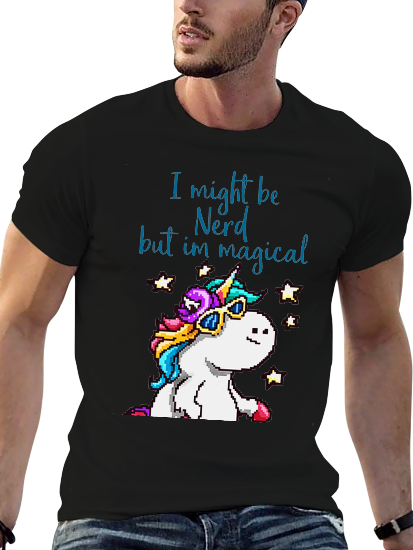 Black Nerd Magical Unicorn T-Shirt - Pixel Art Style view 6